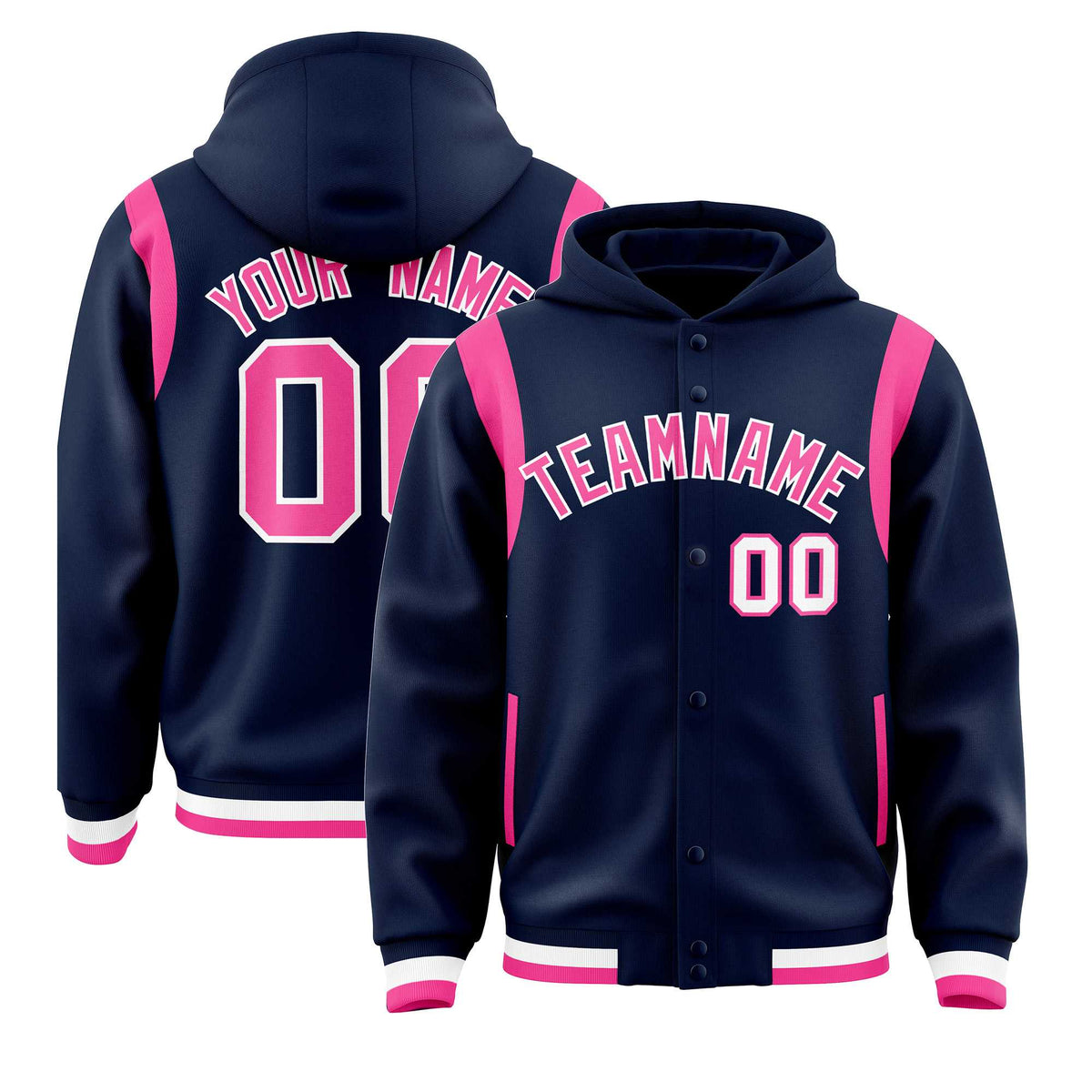 Custom Navy Pink Varsity Full-Snap Letterman Shoulder Color Block Jacket Hoodie| KXKSHOP
