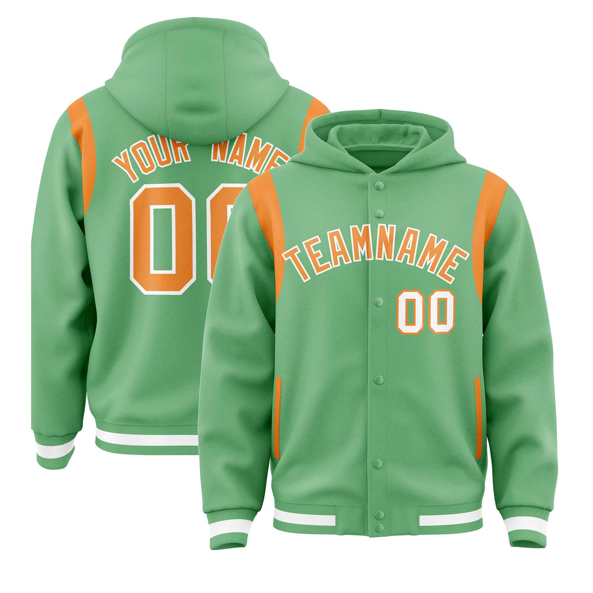 Custom Light Green Orange Varsity Full-Snap Letterman Shoulder Color Block Jacket Hoodie| KXKSHOP