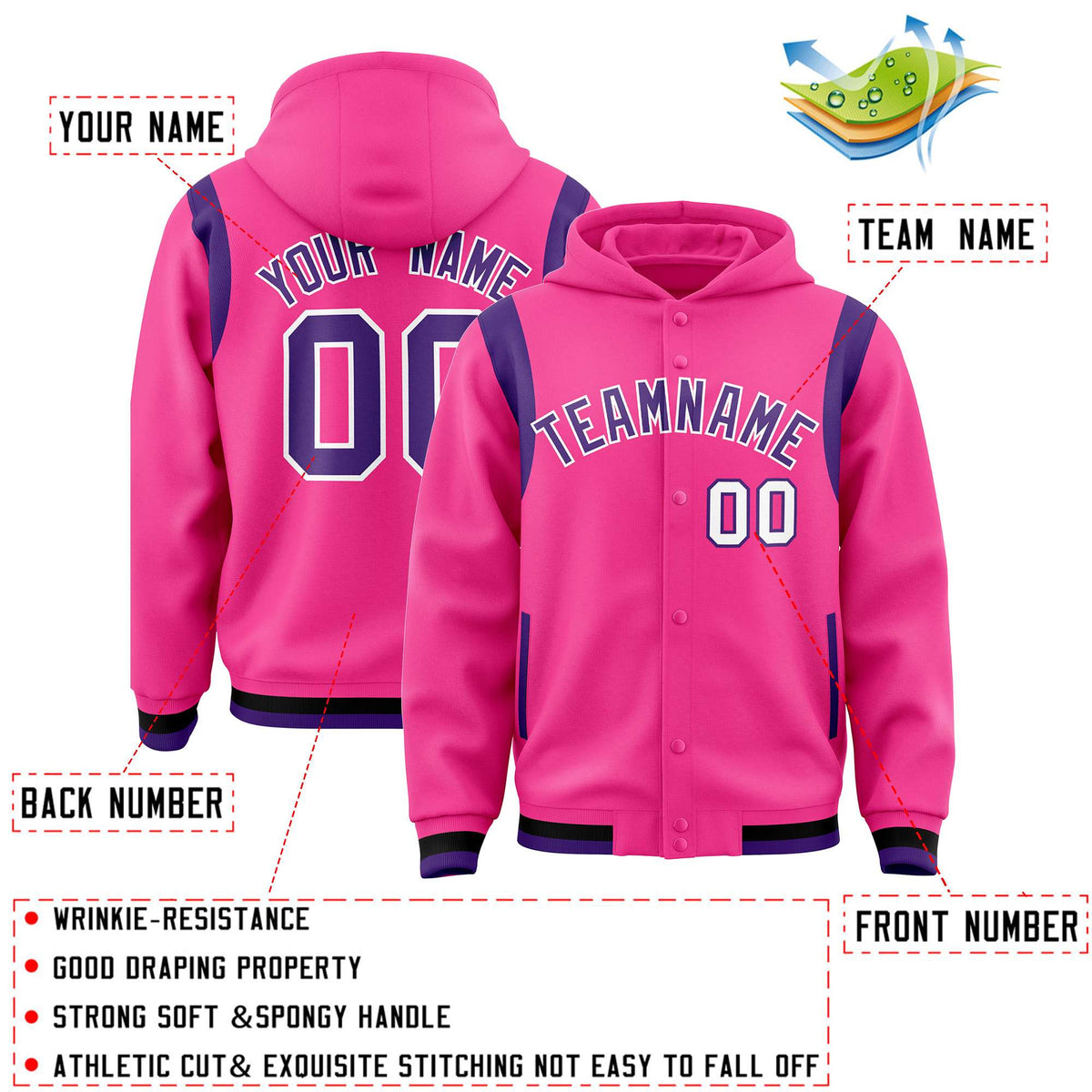 Custom Pink Purple Varsity Full-Snap Letterman Shoulder Color Block Jacket Hoodie| KXKSHOP