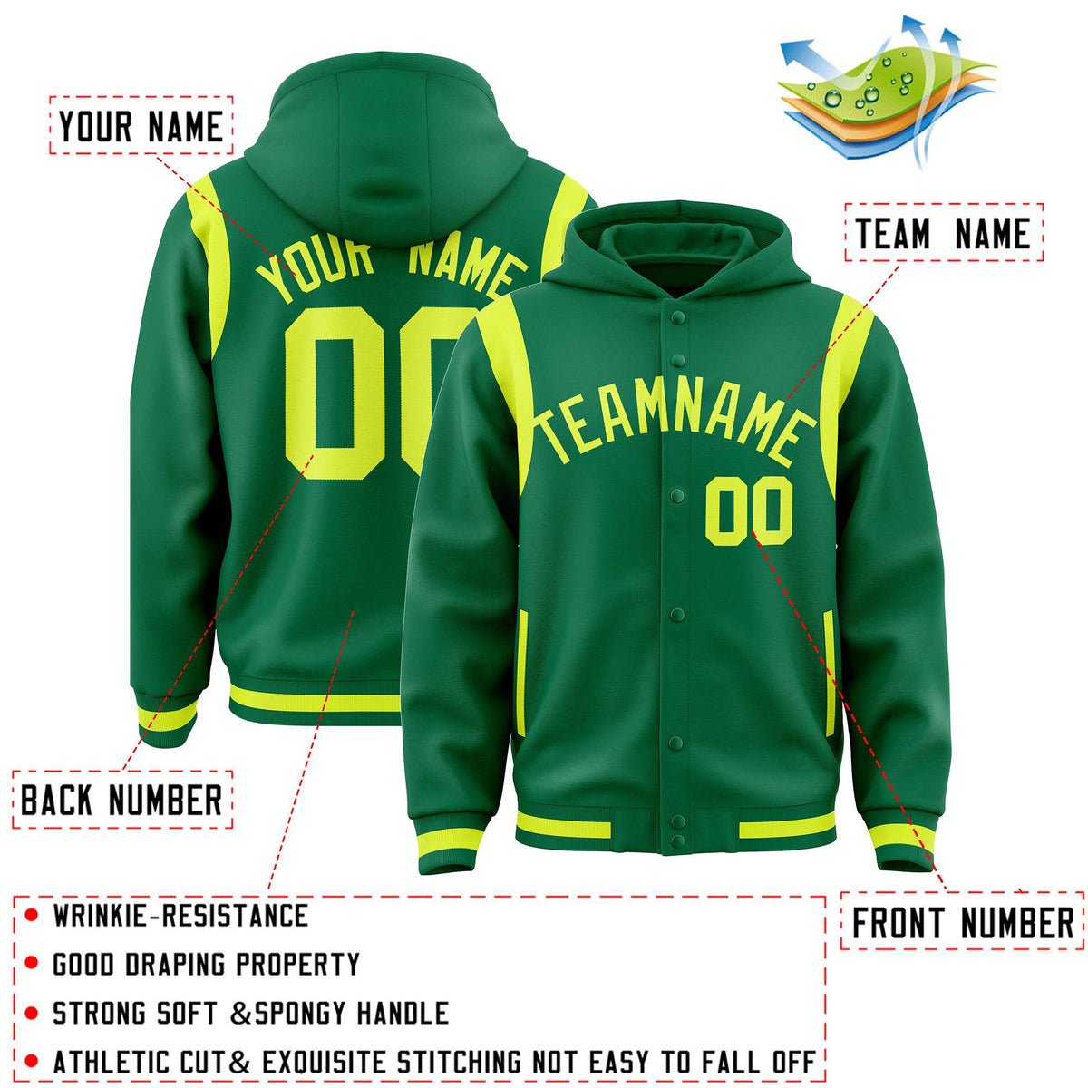 Custom Kelly Green Fluorescent Green Varsity Full-Snap Letterman Shoulder Color Block Jacket Hoodie| KXKSHOP