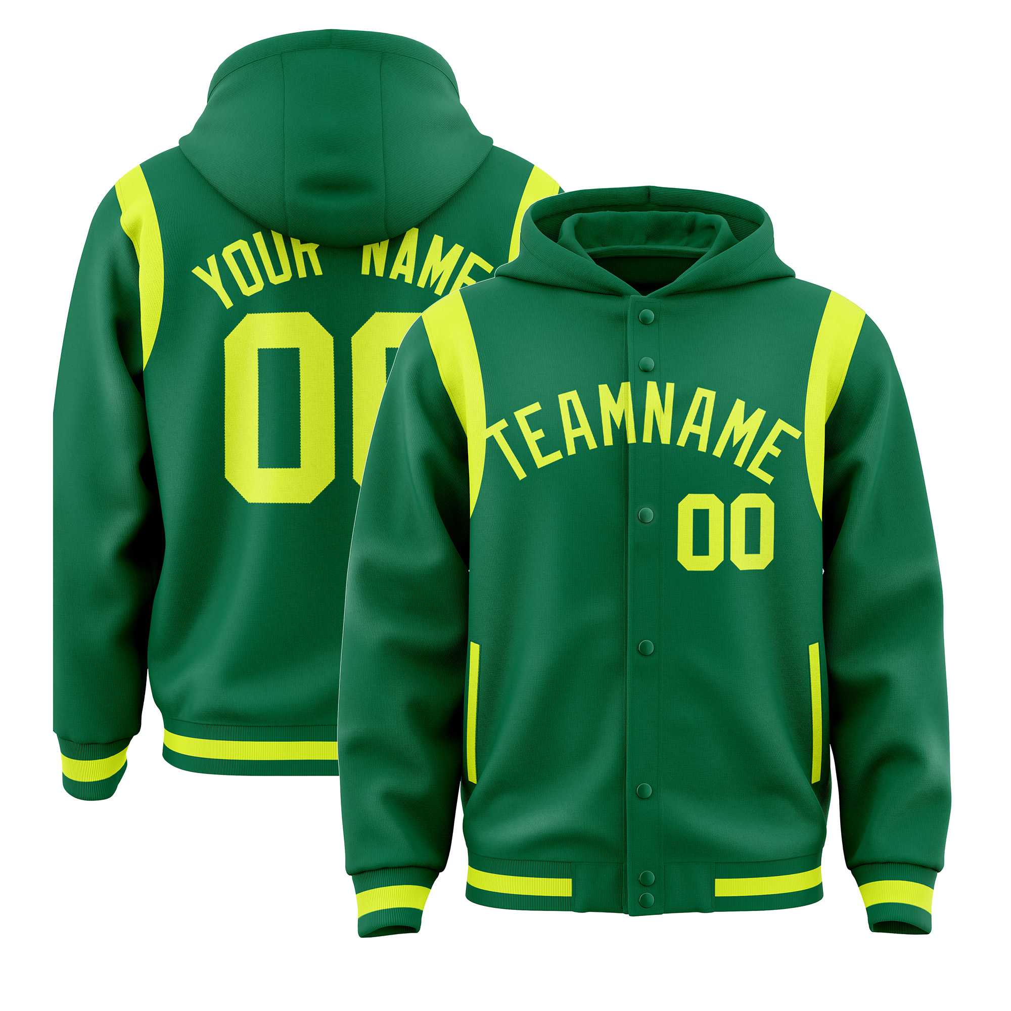 Custom Kelly Green Fluorescent Green Varsity Full-Snap Letterman Shoulder Color Block Jacket Hoodie| KXKSHOP