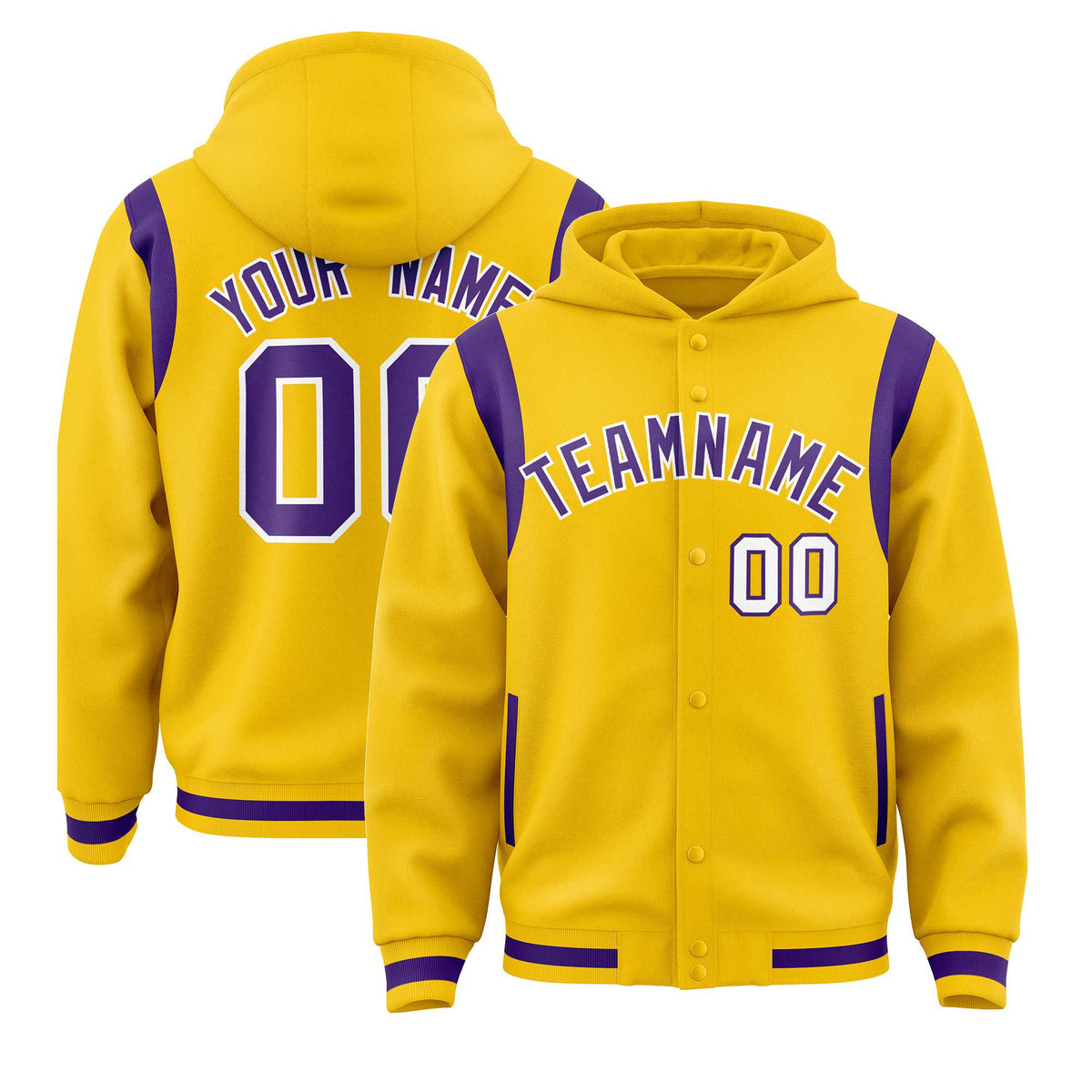 Custom Gold Purple Varsity Full-Snap Letterman Shoulder Color Block Jacket Hoodie| KXKSHOP