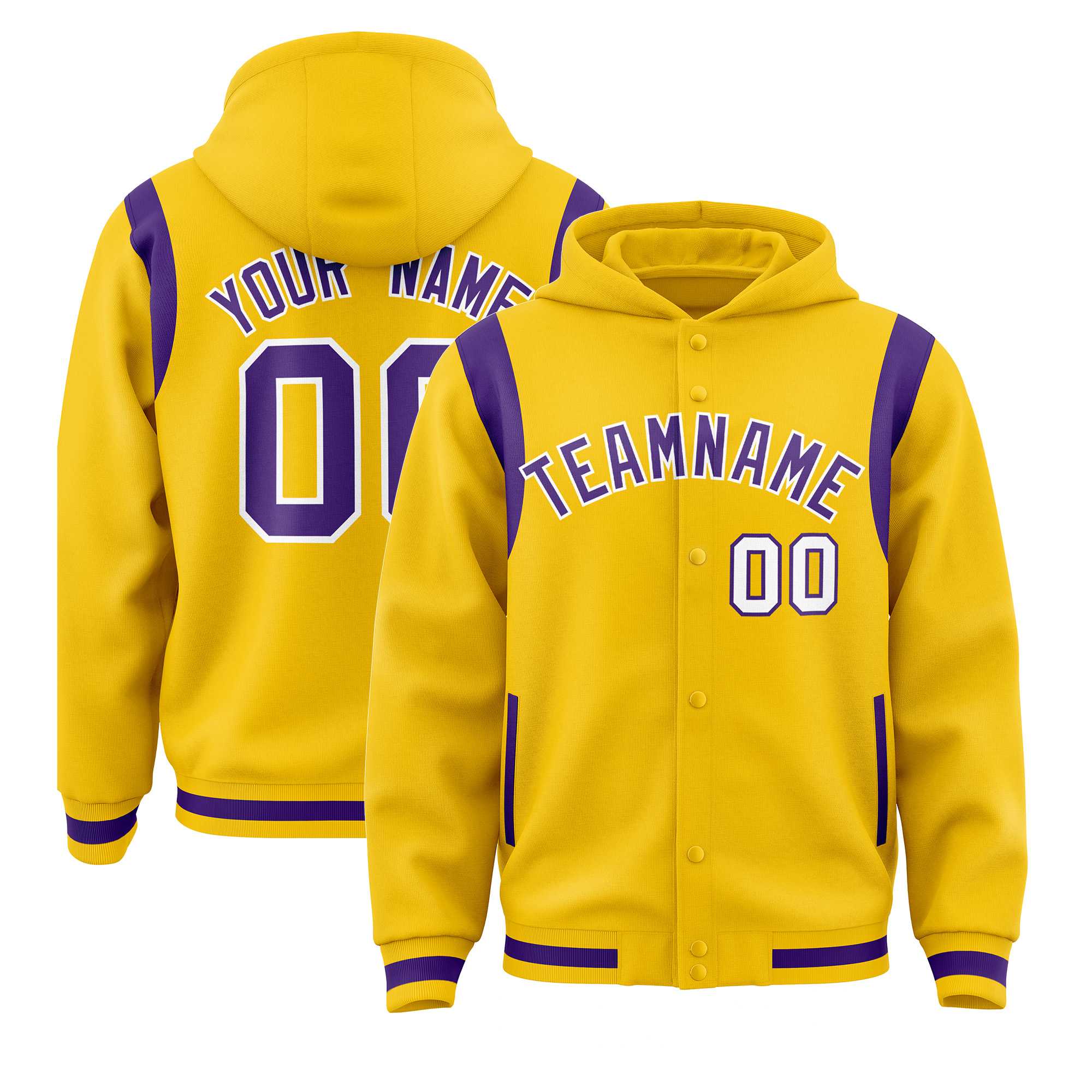 Custom Gold Purple Varsity Full-Snap Letterman Shoulder Color Block Jacket Hoodie| KXKSHOP