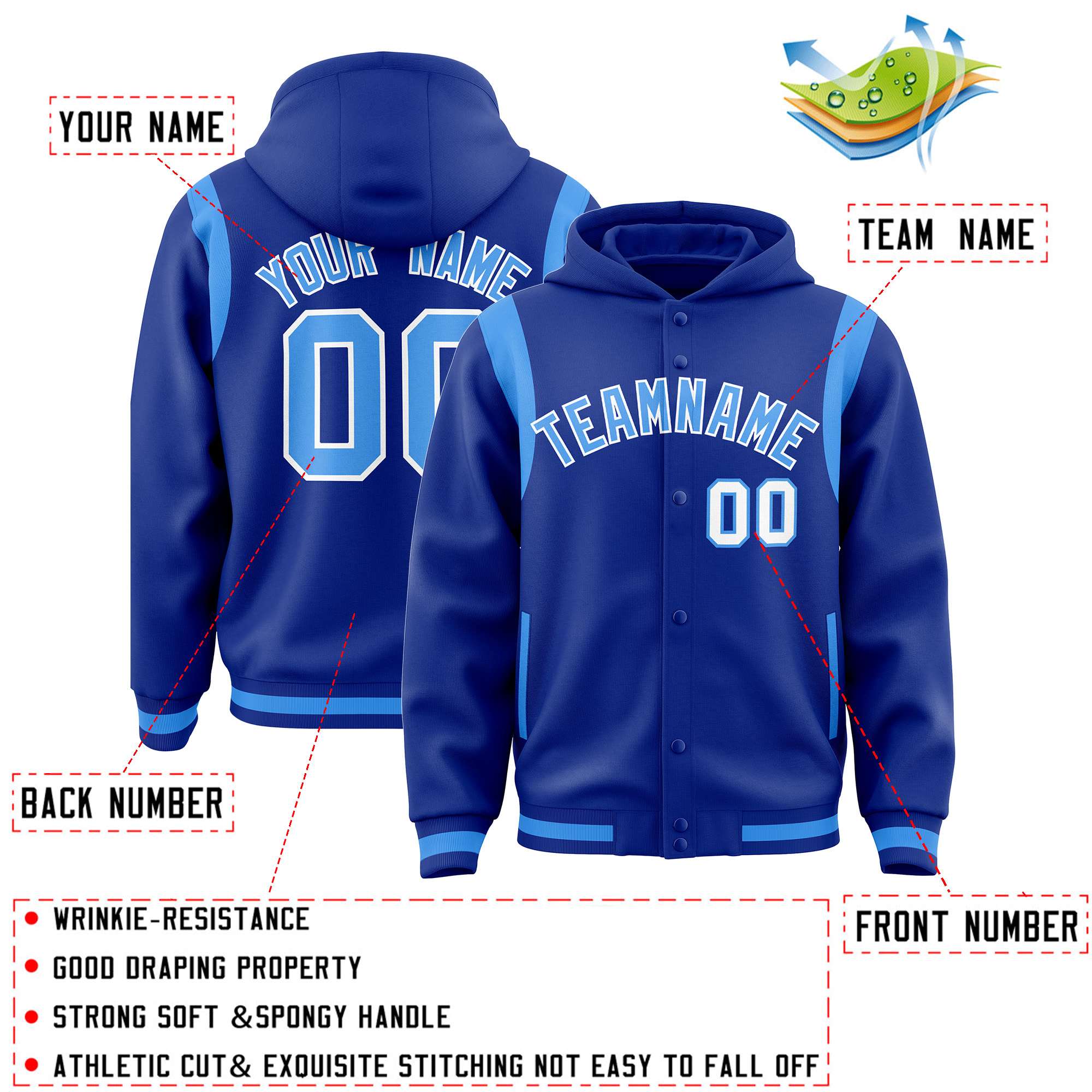 Custom Royal Powder Blue Varsity Full-Snap Letterman Shoulder Color Block Jacket Hoodie| KXKSHOP