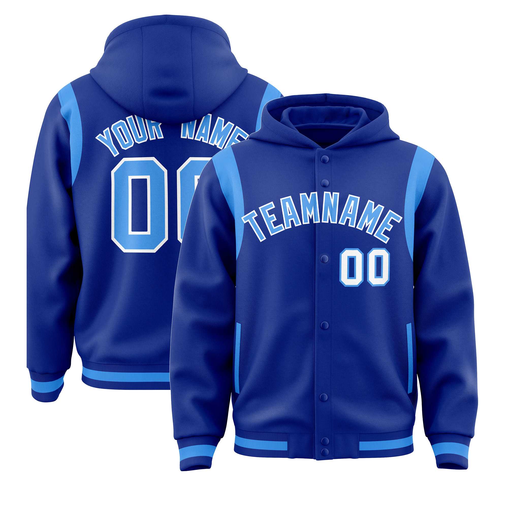 Custom Royal Powder Blue Varsity Full-Snap Letterman Shoulder Color Block Jacket Hoodie| KXKSHOP