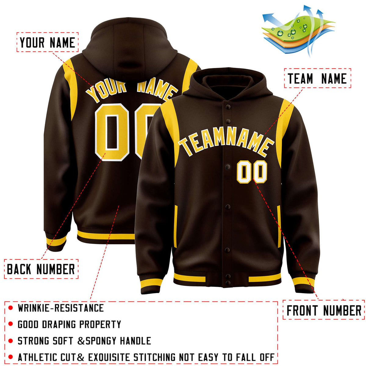 Custom Brown Gold Varsity Full-Snap Letterman Shoulder Color Block Jacket Hoodie| KXKSHOP