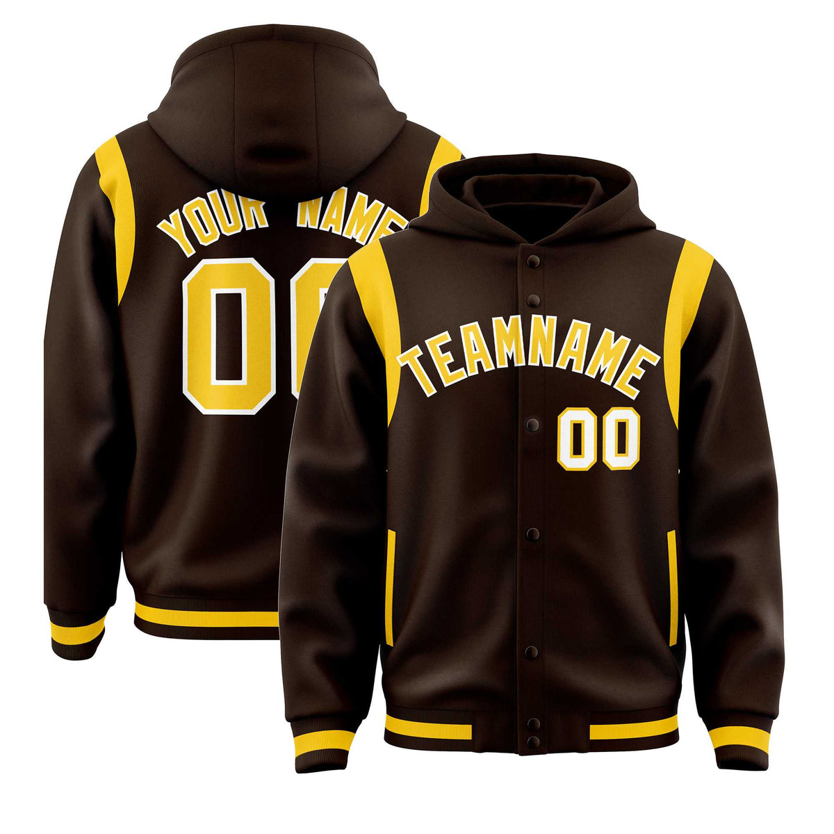 Custom Brown Gold Varsity Full-Snap Letterman Shoulder Color Block Jacket Hoodie| KXKSHOP