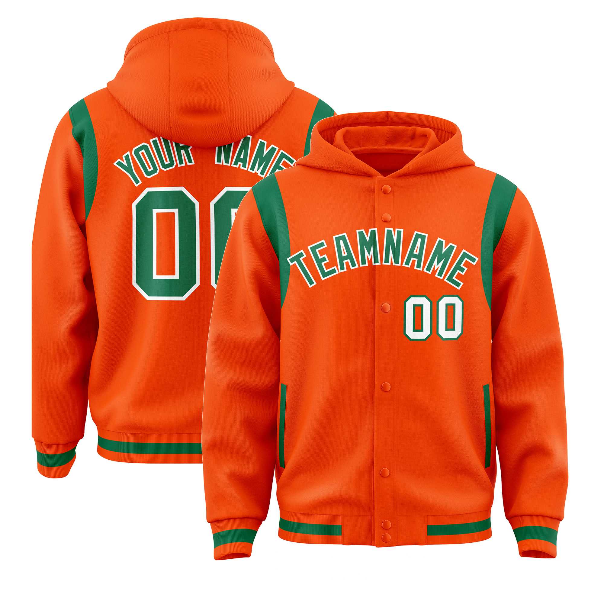 Custom Orange Kelly Green Varsity Full-Snap Letterman Shoulder Color Block Jacket Hoodie| KXKSHOP