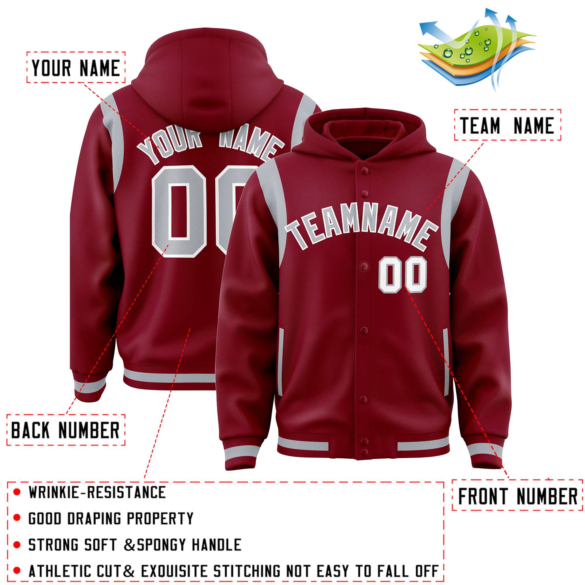 Custom Crimson Silver Varsity Full-Snap Letterman Shoulder Color Block Jacket Hoodie| KXKSHOP