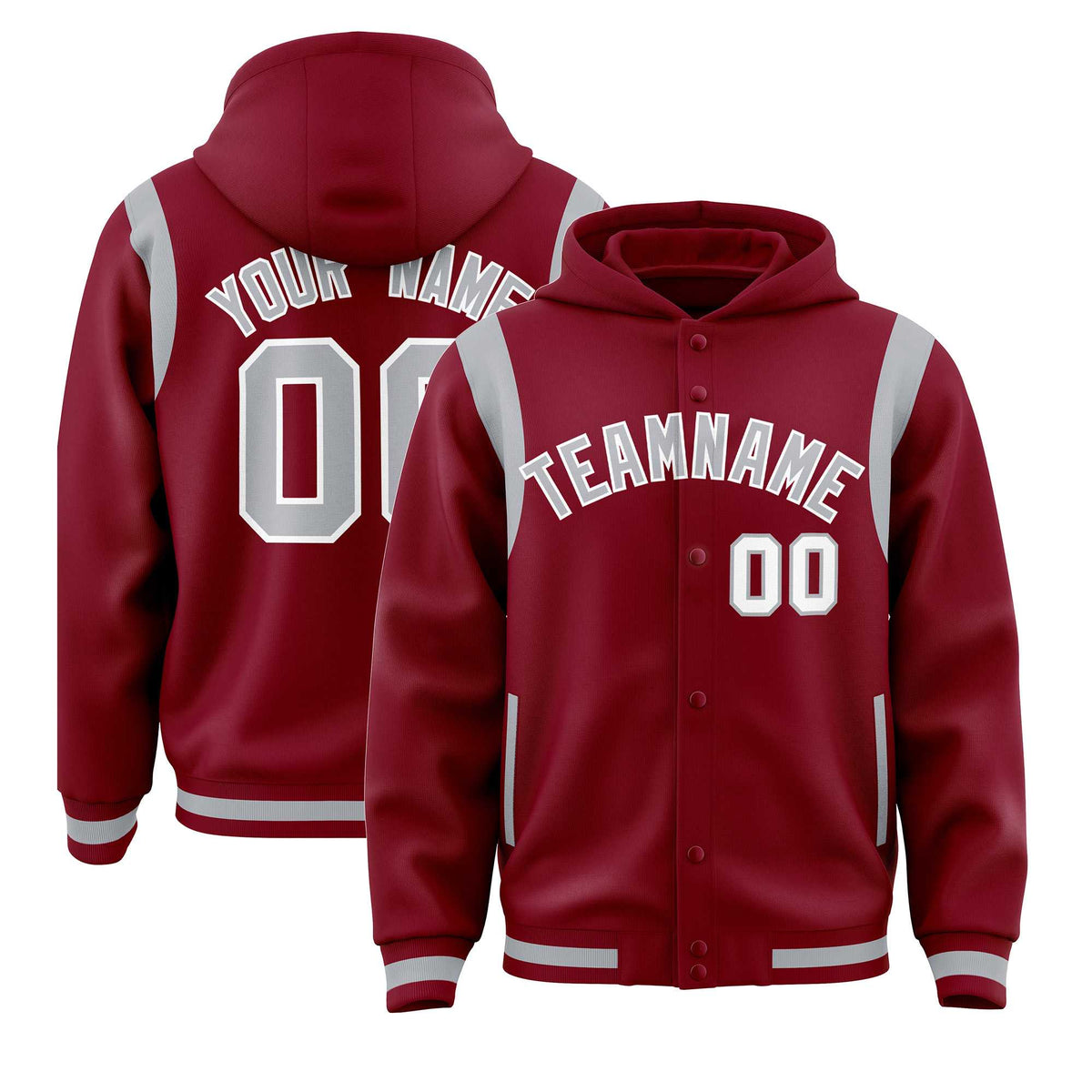 Custom Crimson Silver Varsity Full-Snap Letterman Shoulder Color Block Jacket Hoodie| KXKSHOP