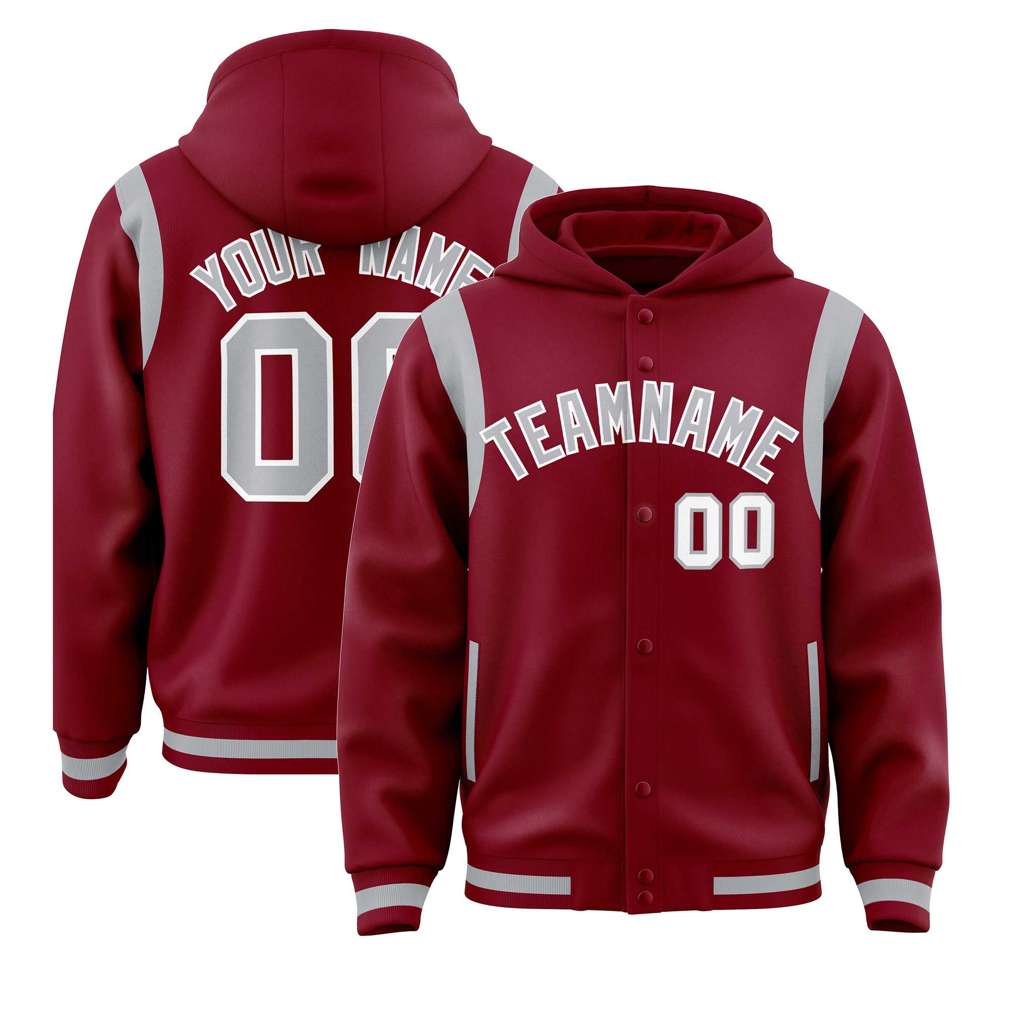 Custom Crimson Silver Varsity Full-Snap Letterman Shoulder Color Block Jacket Hoodie| KXKSHOP