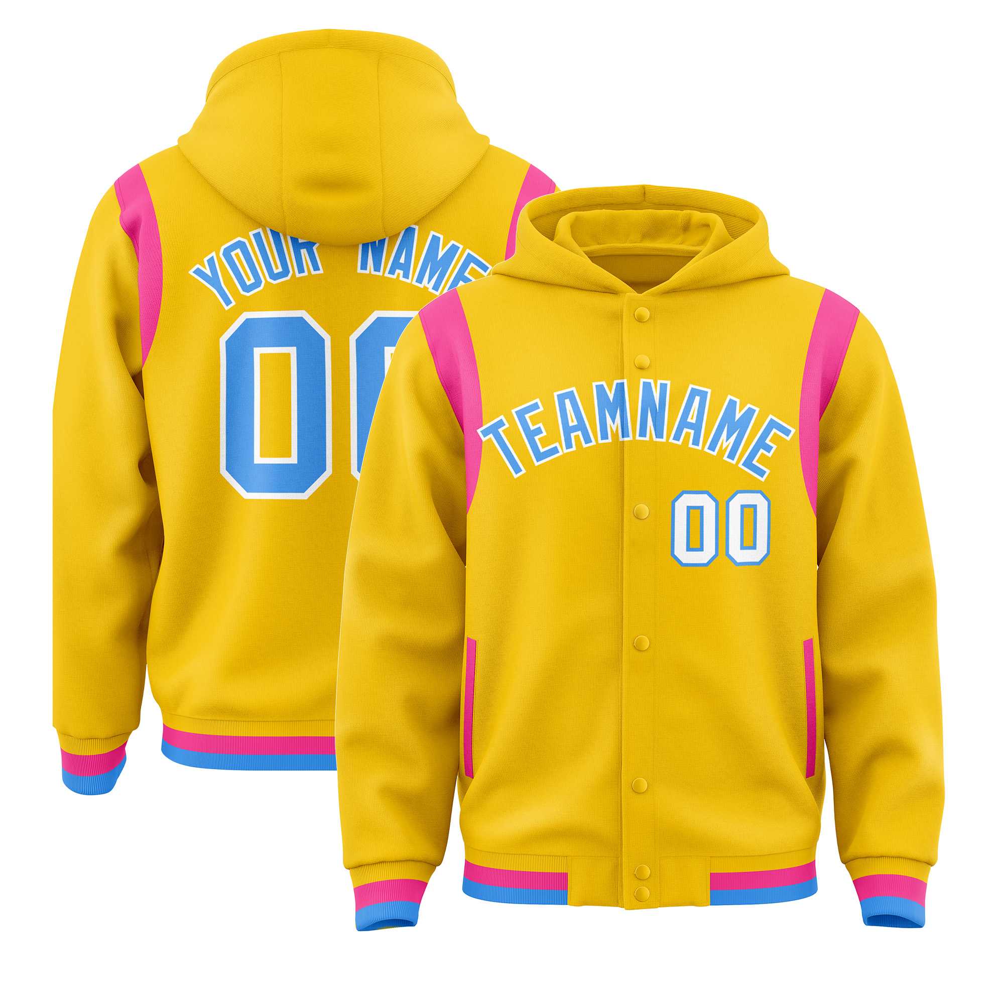 Custom Gold Powder Blue Varsity Full-Snap Letterman Shoulder Color Block Jacket Hoodie| KXKSHOP