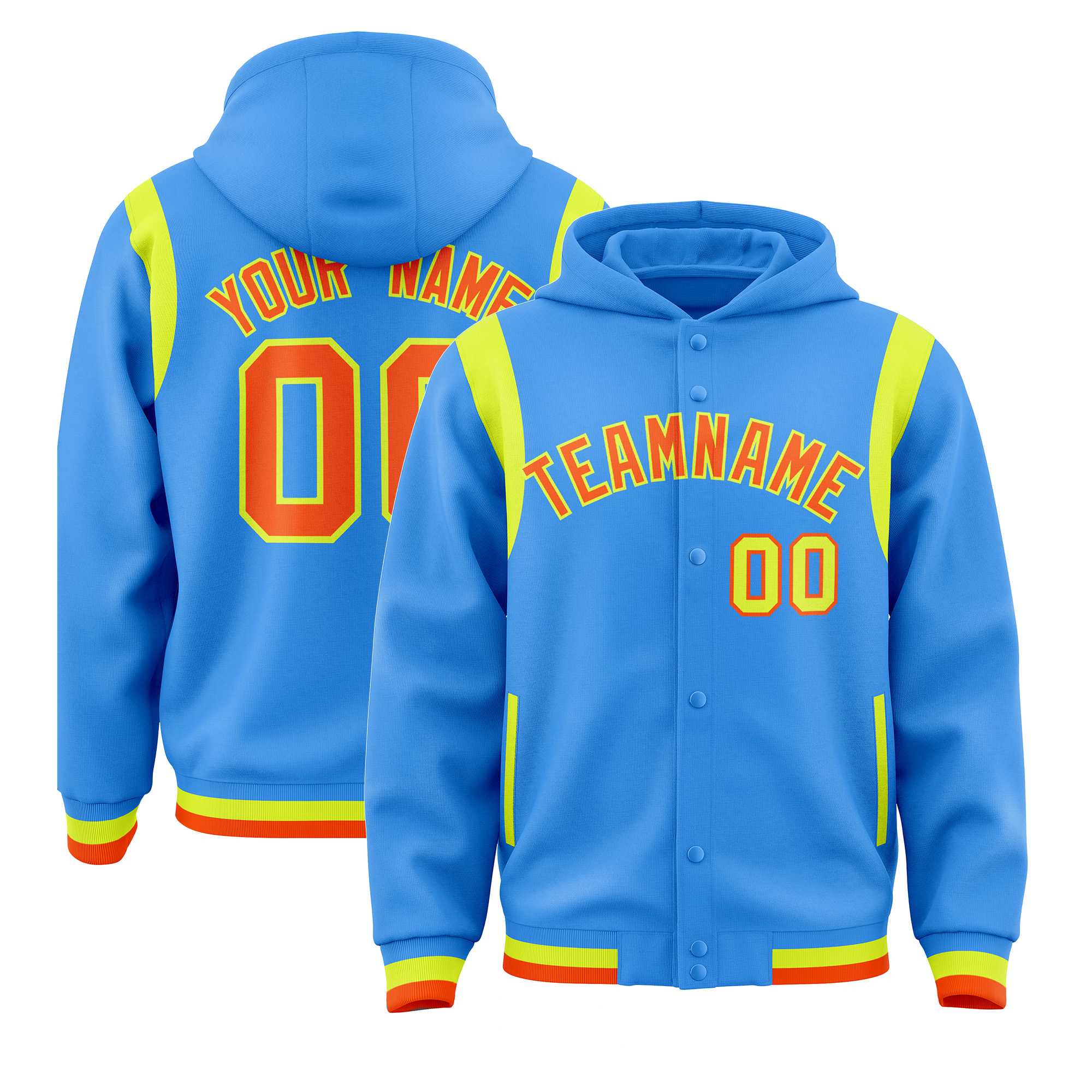 Custom Powder Blue Orange Varsity Full-Snap Letterman Shoulder Color Block Jacket Hoodie| KXKSHOP