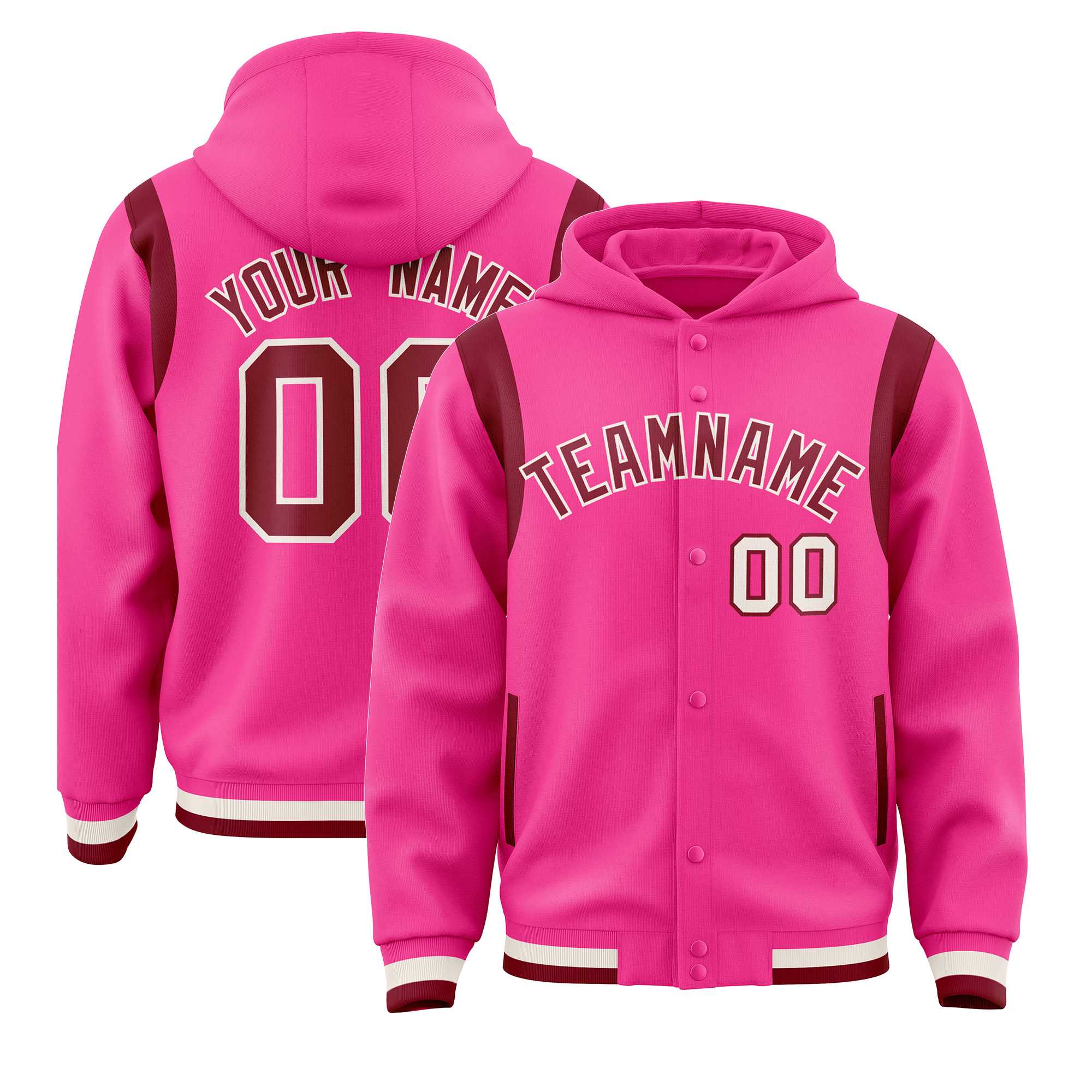 Custom Pink Crimson Varsity Full-Snap Letterman Shoulder Color Block Jacket Hoodie| KXKSHOP