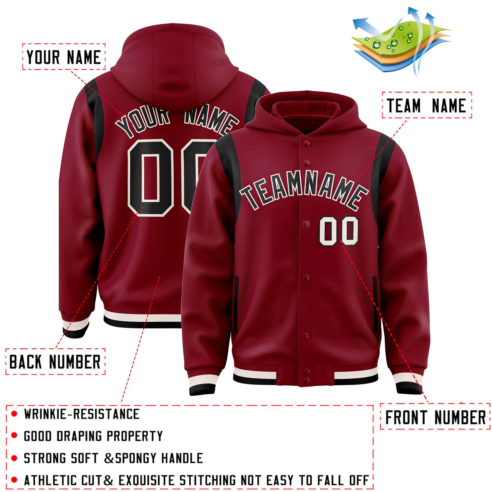 Custom Crimson Black Varsity Full-Snap Letterman Shoulder Color Block Jacket Hoodie| KXKSHOP
