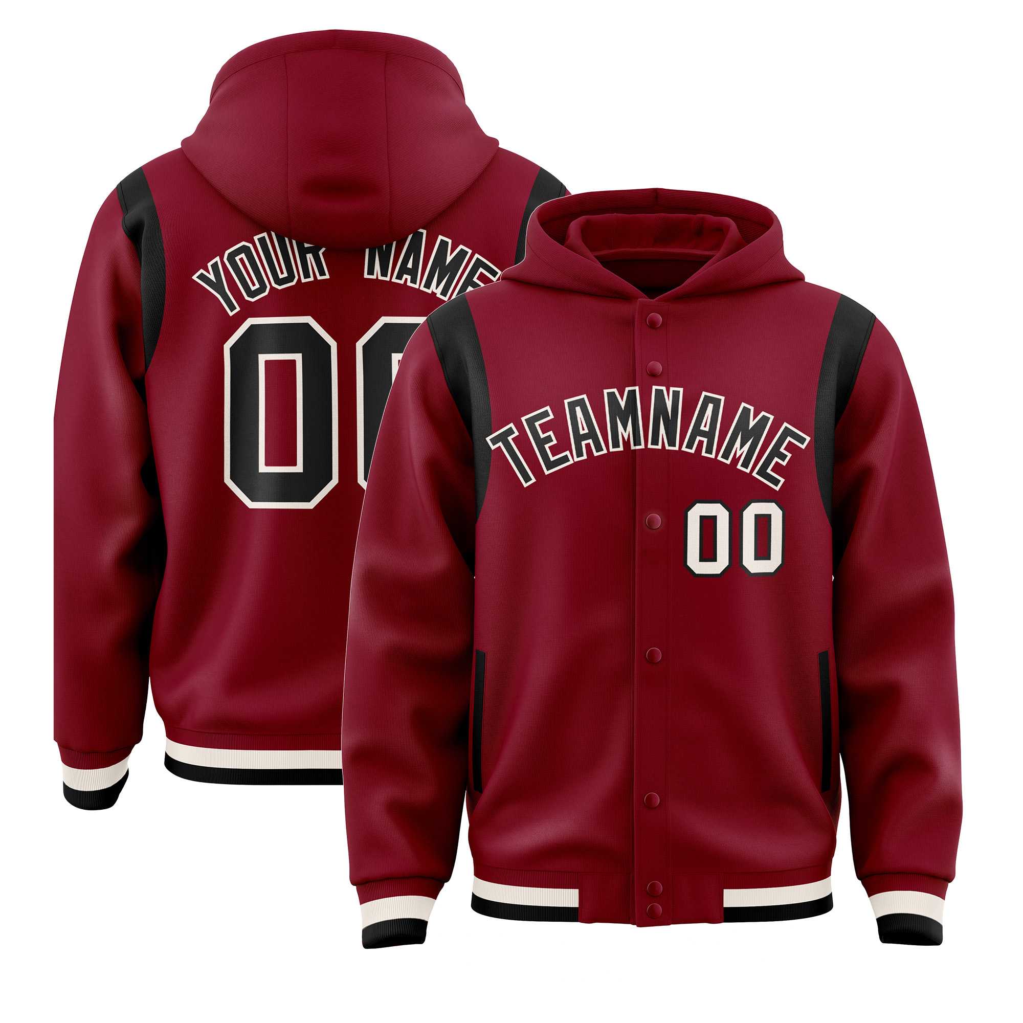 Custom Crimson Black Varsity Full-Snap Letterman Shoulder Color Block Jacket Hoodie| KXKSHOP