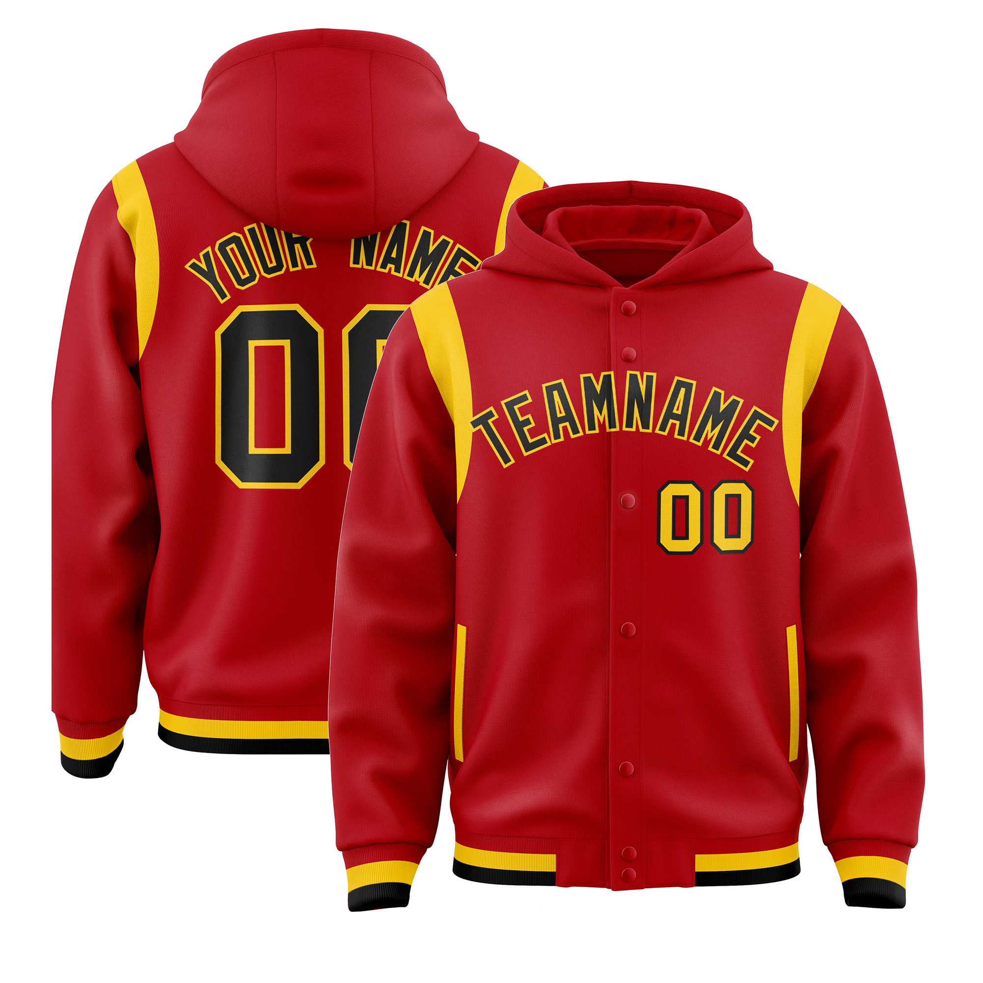 Custom Red Black Varsity Full-Snap Letterman Shoulder Color Block Jacket Hoodie| KXKSHOP