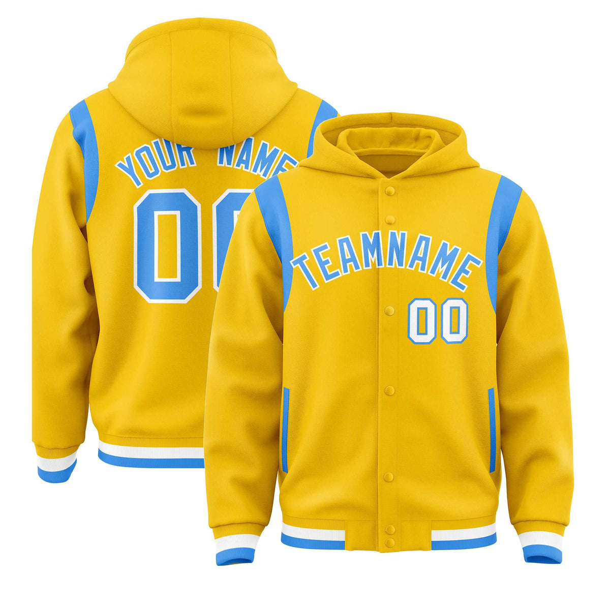 Custom Gold Powder Blue Varsity Full-Snap Letterman Shoulder Color Block Jacket Hoodie| KXKSHOP