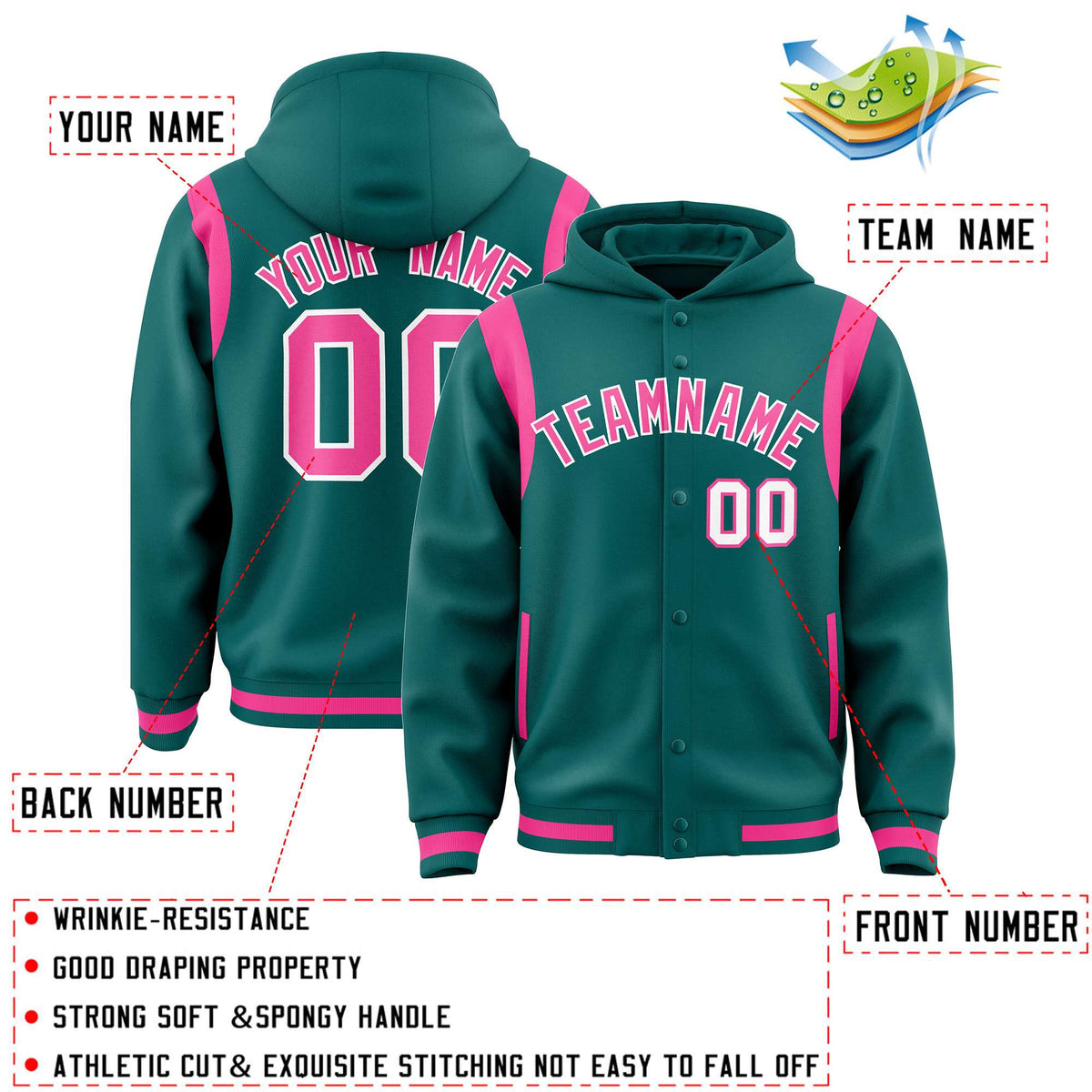 Custom Aqua Pink Varsity Full-Snap Letterman Shoulder Color Block Jacket Hoodie| KXKSHOP