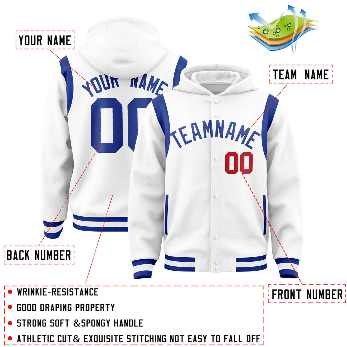 Custom White Royal Varsity Full-Snap Letterman Shoulder Color Block Jacket Hoodie| KXKSHOP