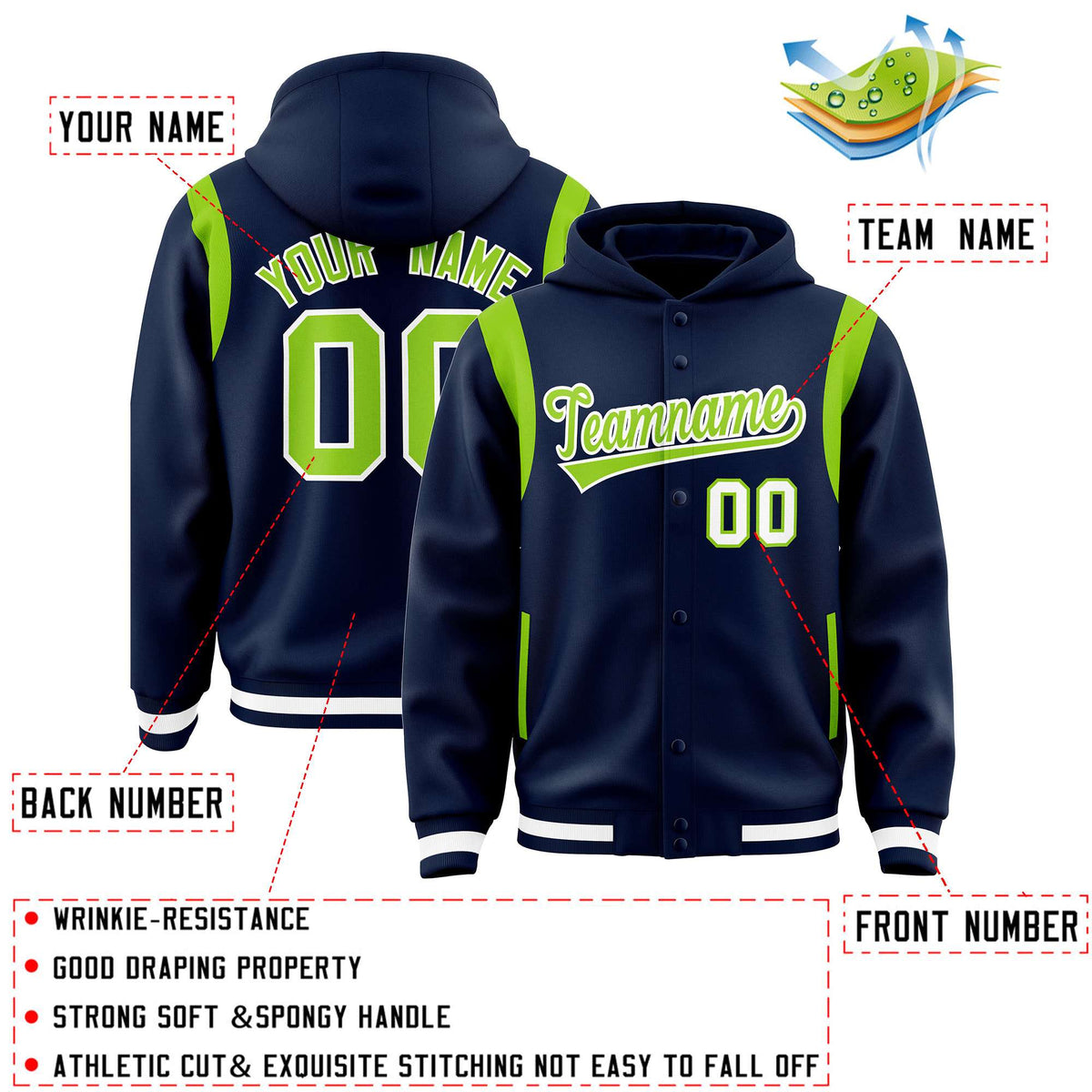 Custom Navy Neon Green Varsity Full-Snap Letterman Shoulder Color Block Jacket Hoodie| KXKSHOP