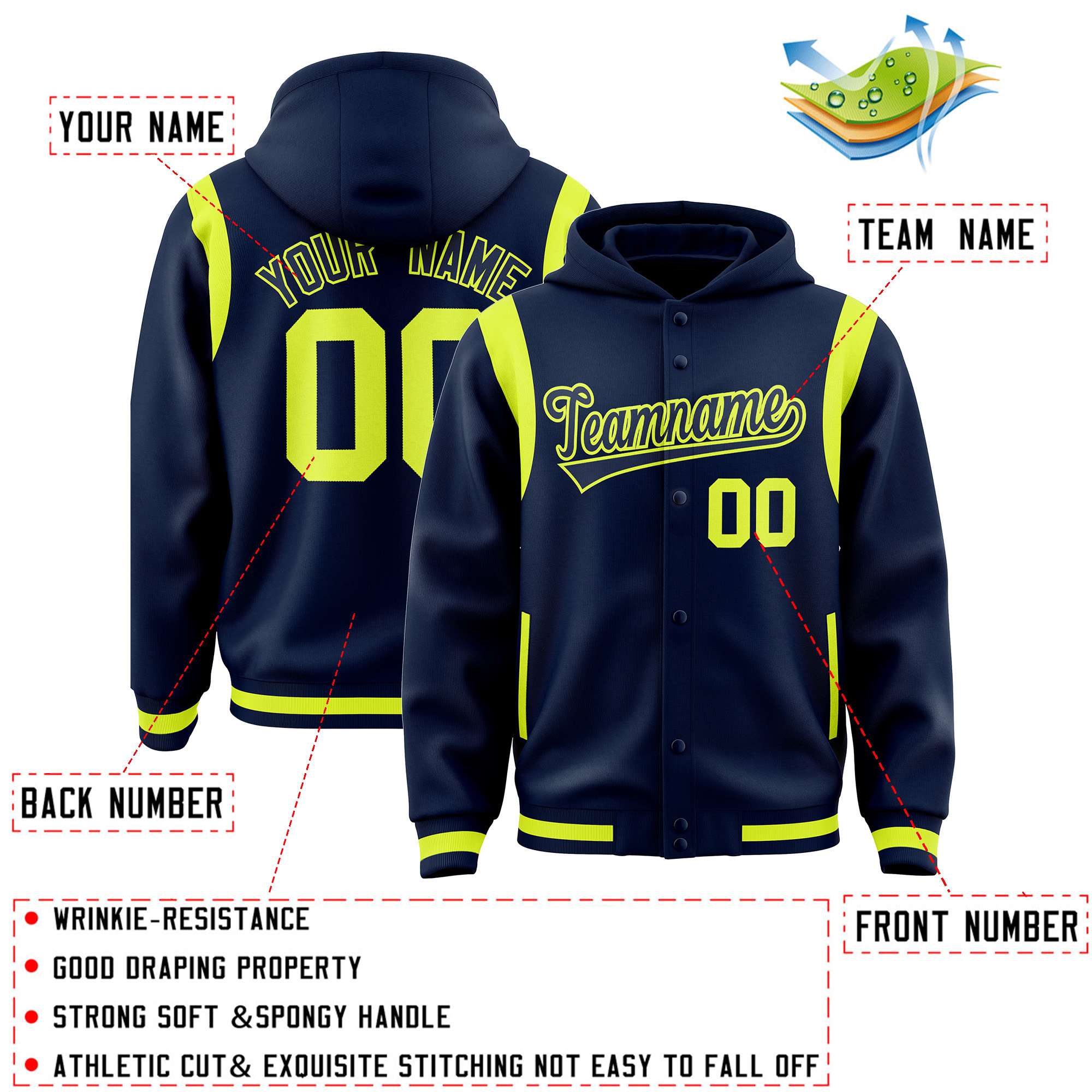 Custom Navy Navy Varsity Full-Snap Letterman Shoulder Color Block Jacket Hoodie| KXKSHOP