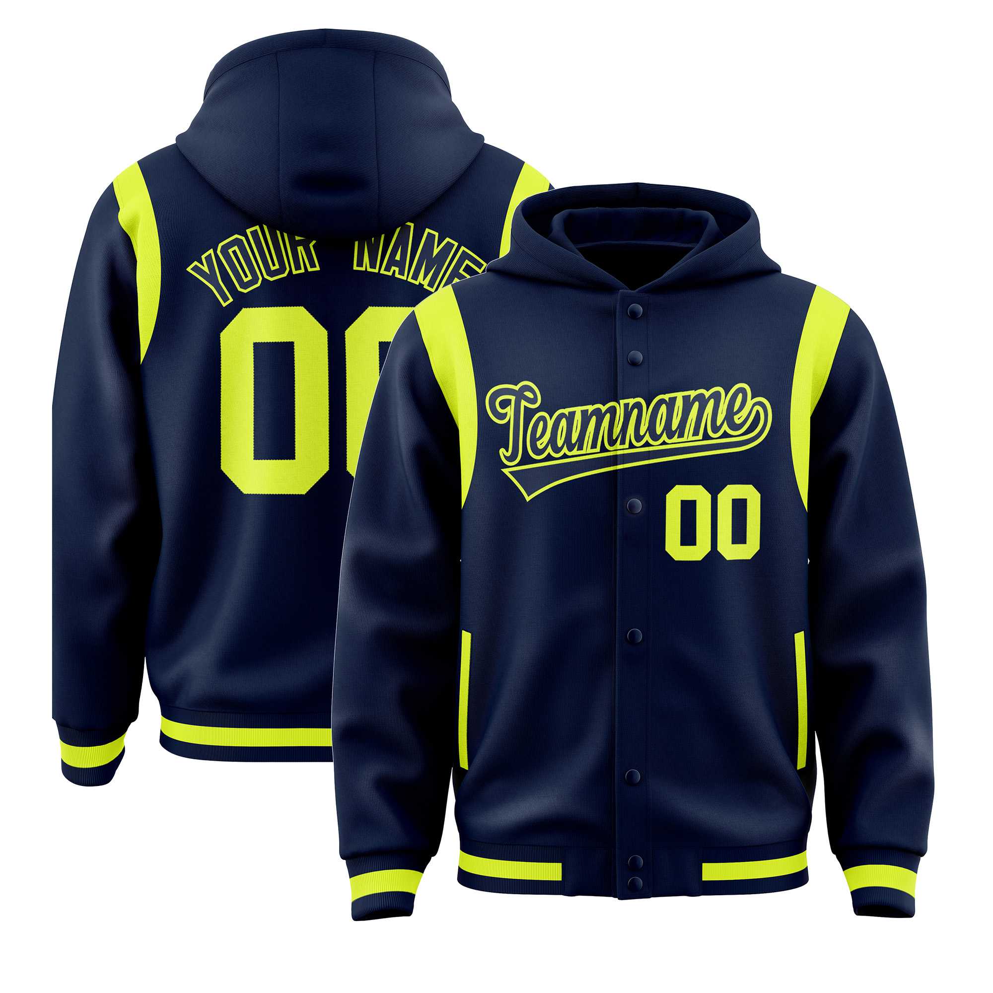 Custom Navy Navy Varsity Full-Snap Letterman Shoulder Color Block Jacket Hoodie| KXKSHOP