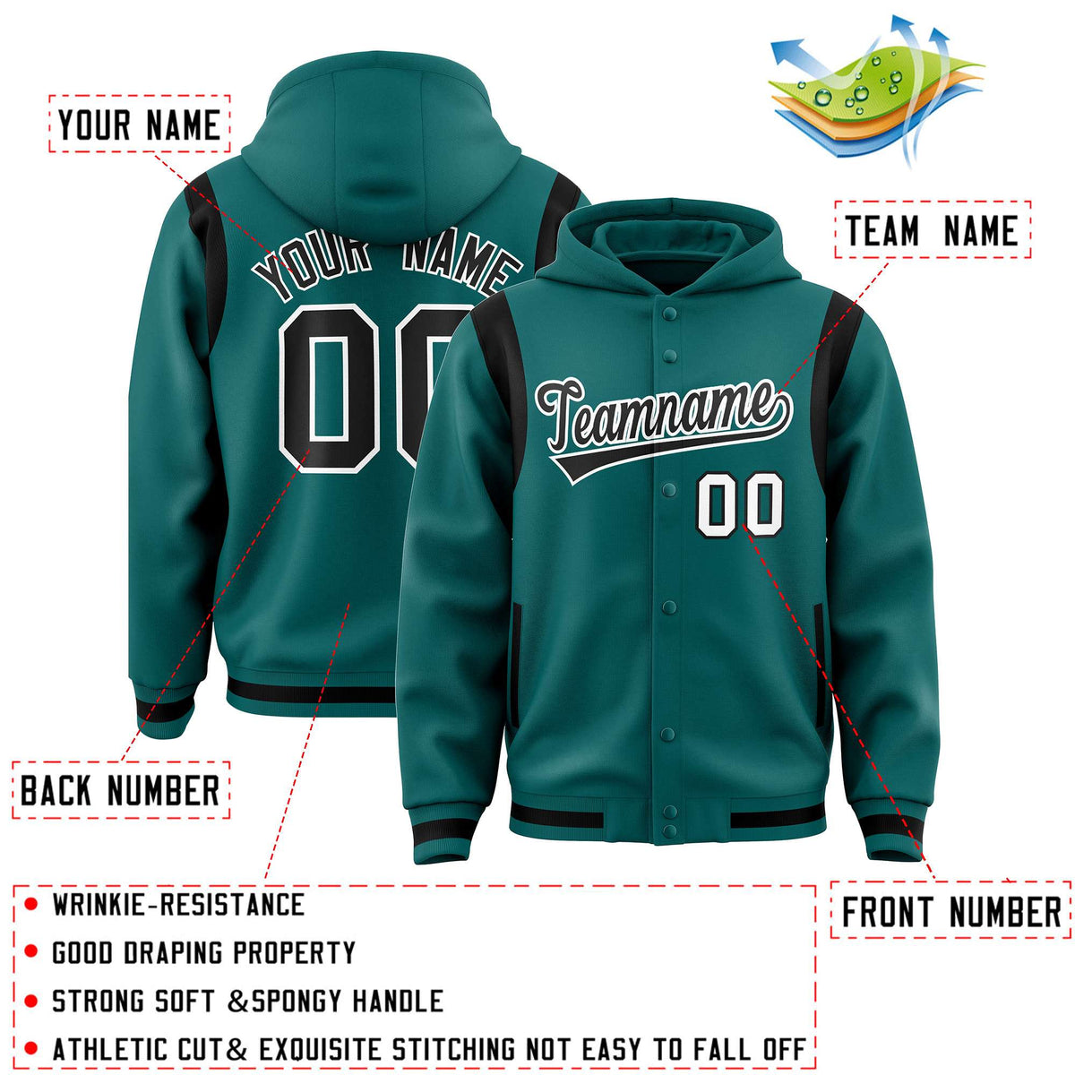 Custom Aqua Black Varsity Full-Snap Letterman Shoulder Color Block Jacket Hoodie| KXKSHOP