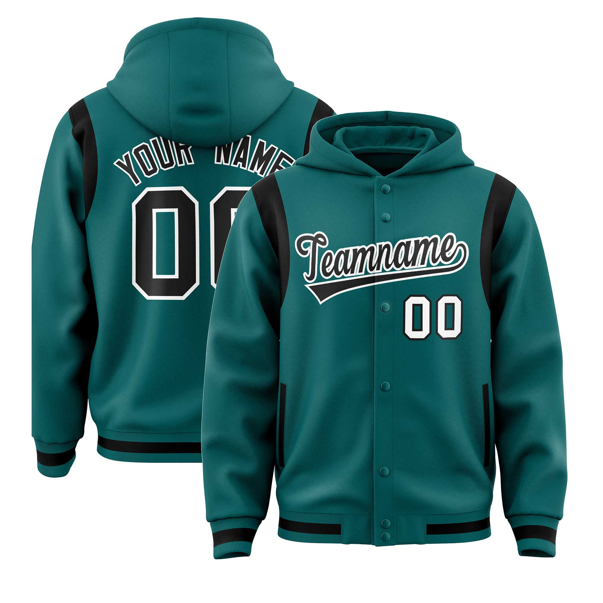 Custom Aqua Black Varsity Full-Snap Letterman Shoulder Color Block Jacket Hoodie| KXKSHOP