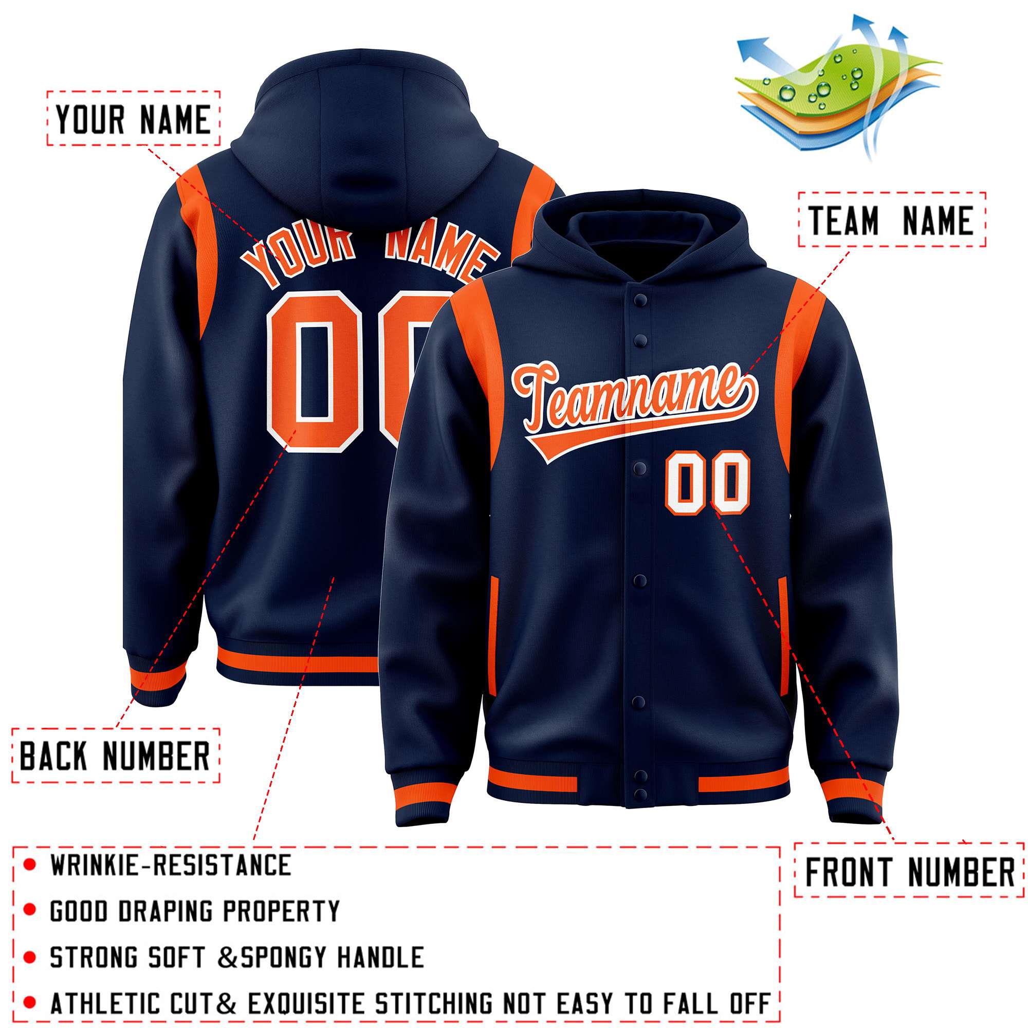 Custom Navy Orange Varsity Full-Snap Letterman Shoulder Color Block Jacket Hoodie| KXKSHOP
