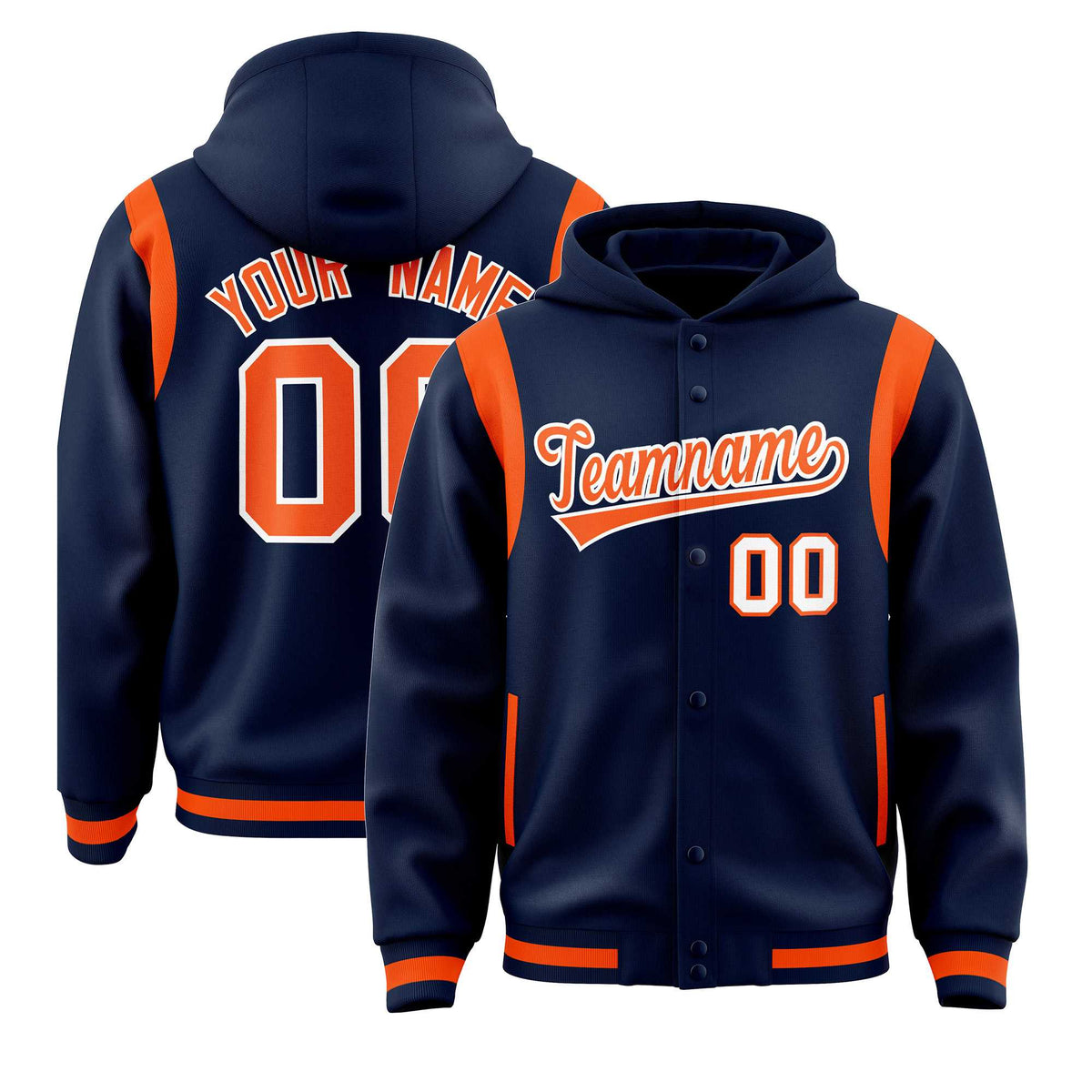 Custom Navy Orange Varsity Full-Snap Letterman Shoulder Color Block Jacket Hoodie| KXKSHOP