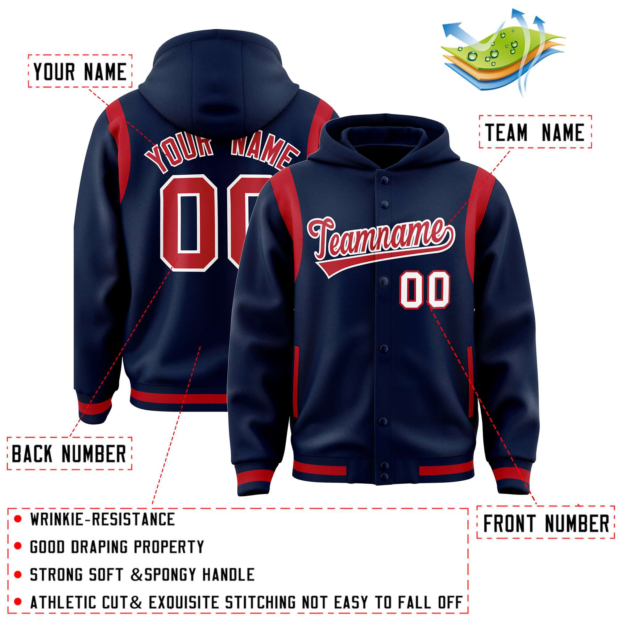 Custom Navy Red Varsity Full-Snap Letterman Shoulder Color Block Jacket Hoodie| KXKSHOP