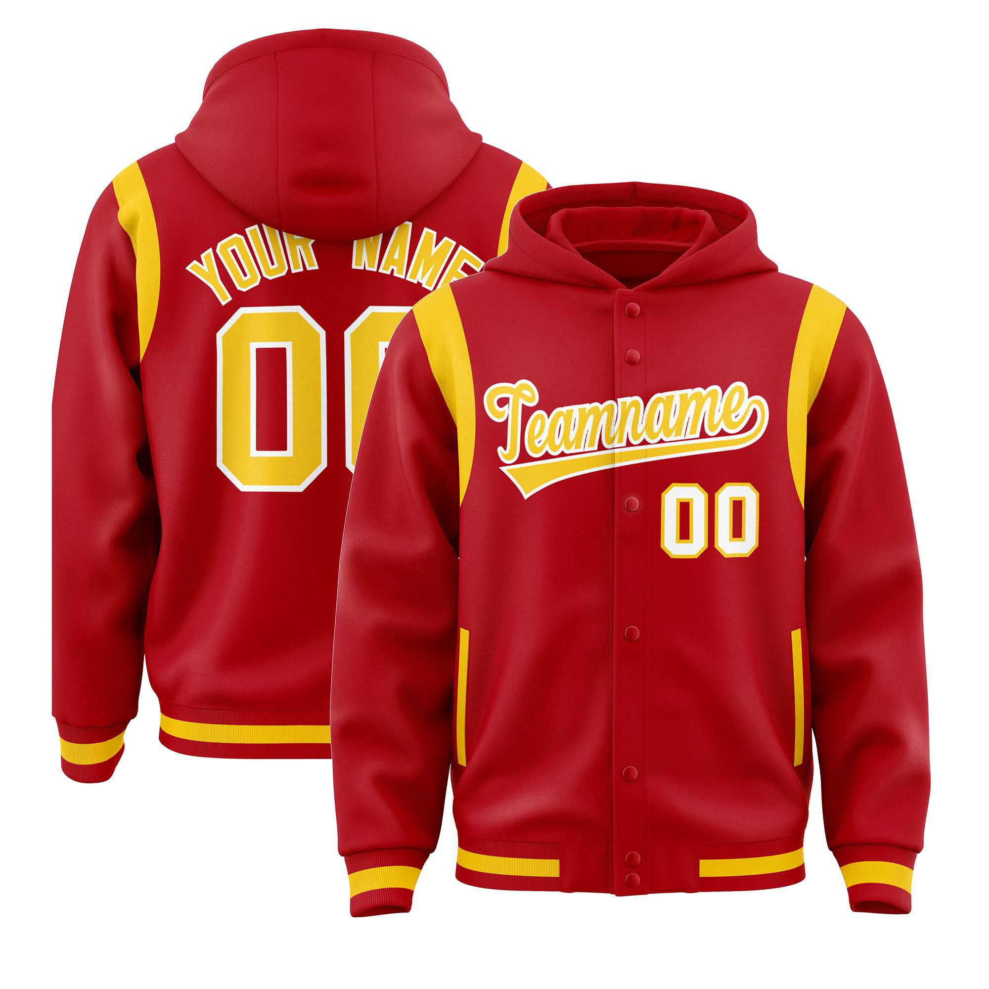 Custom Red Gold Varsity Full-Snap Letterman Shoulder Color Block Jacket Hoodie| KXKSHOP