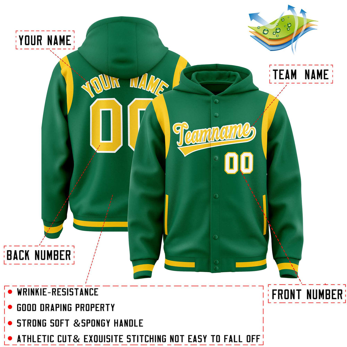 Custom Kelly Green Gold Varsity Full-Snap Letterman Shoulder Color Block Jacket Hoodie| KXKSHOP