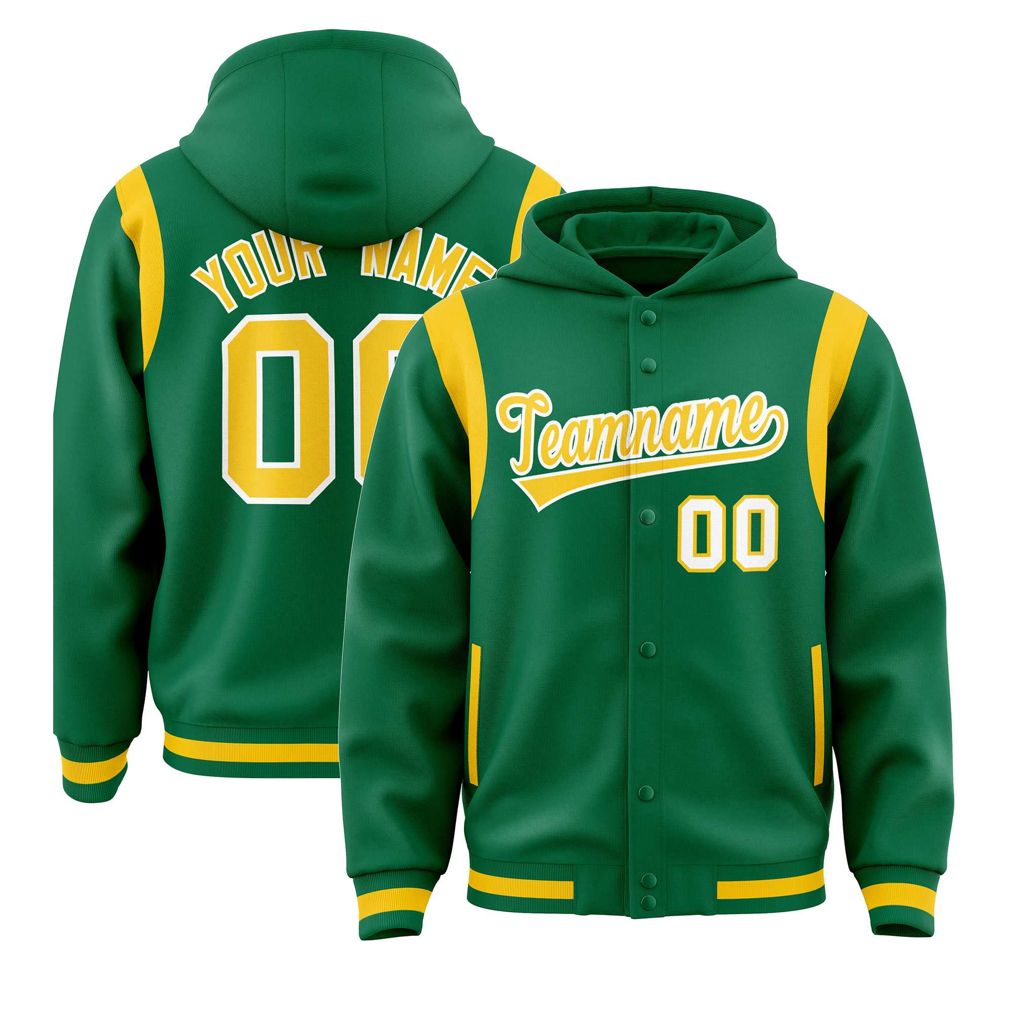 Custom Kelly Green Gold Varsity Full-Snap Letterman Shoulder Color Block Jacket Hoodie| KXKSHOP