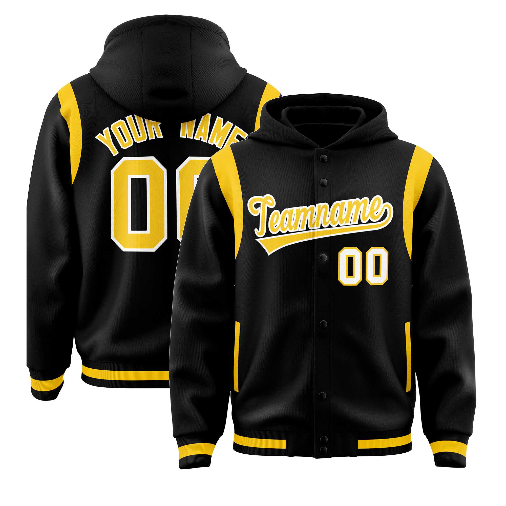 Custom Black Gold Varsity Full-Snap Letterman Shoulder Color Block Jacket Hoodie| KXKSHOP