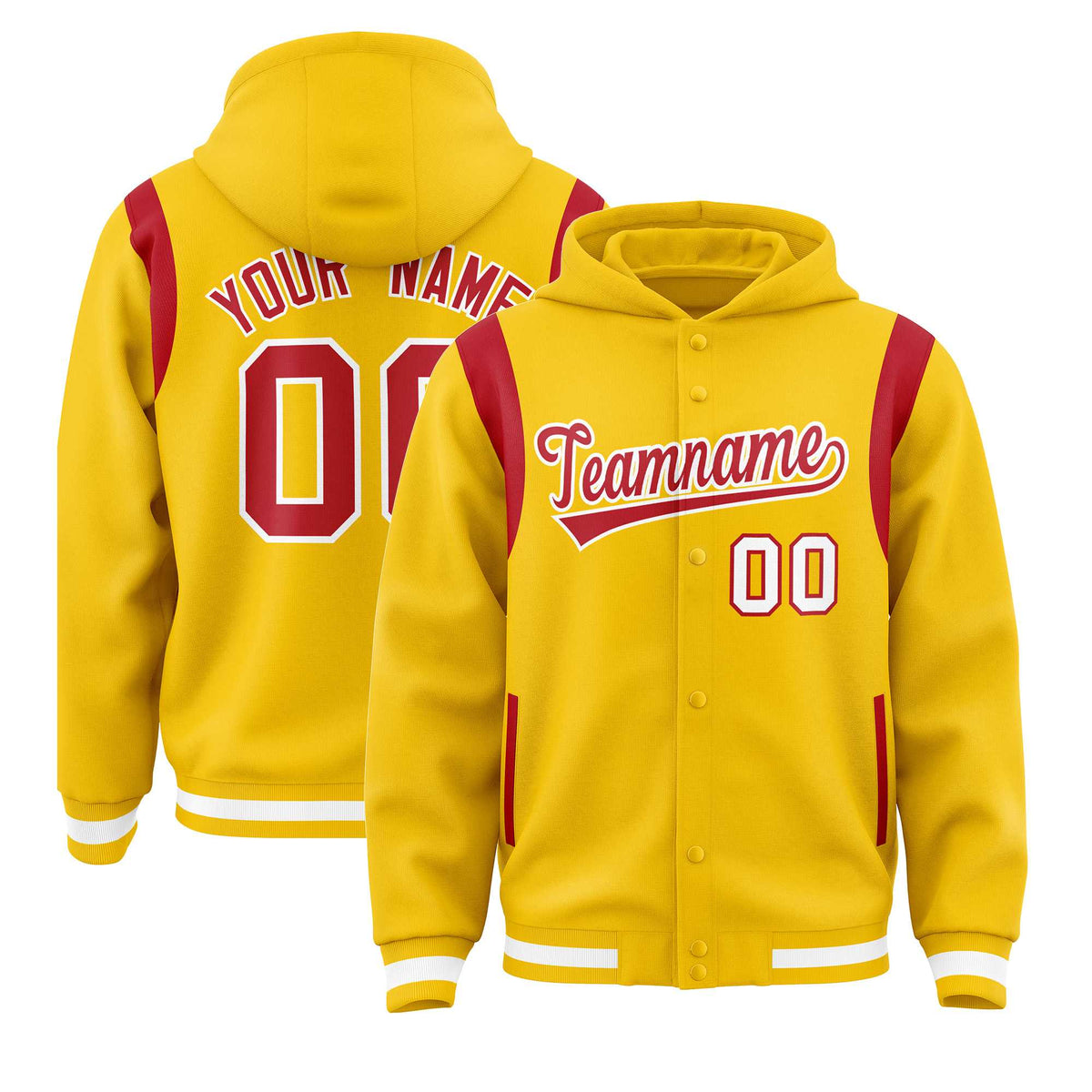 Custom Gold Red Varsity Full-Snap Letterman Shoulder Color Block Jacket Hoodie| KXKSHOP