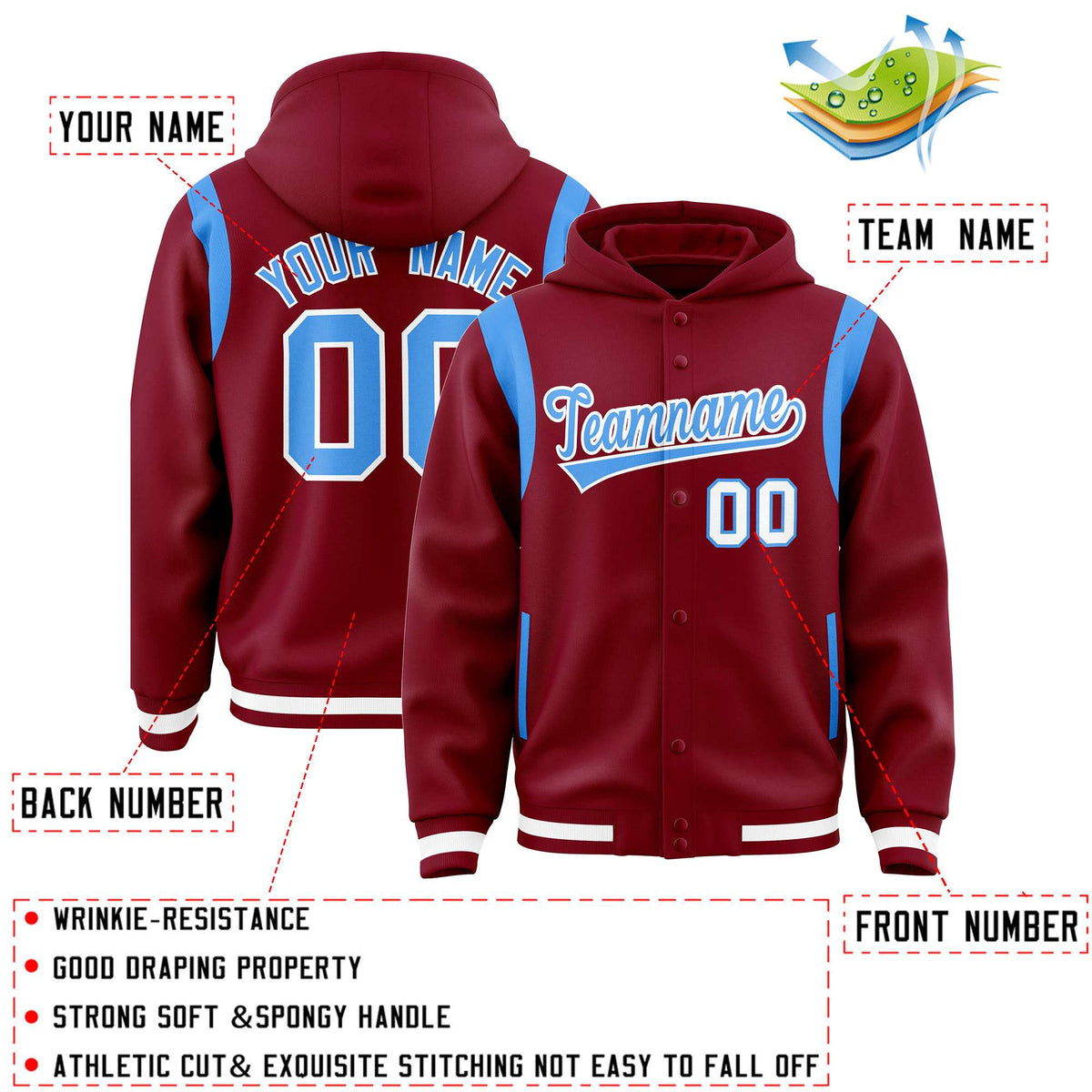 Custom Crimson Powder Blue Varsity Full-Snap Letterman Shoulder Color Block Jacket Hoodie| KXKSHOP