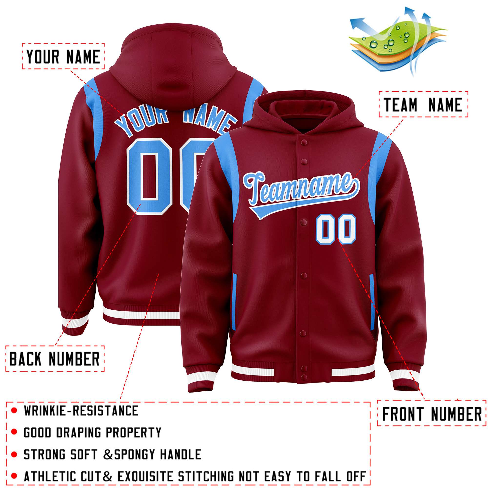 Custom Crimson Powder Blue Varsity Full-Snap Letterman Shoulder Color Block Jacket Hoodie| KXKSHOP