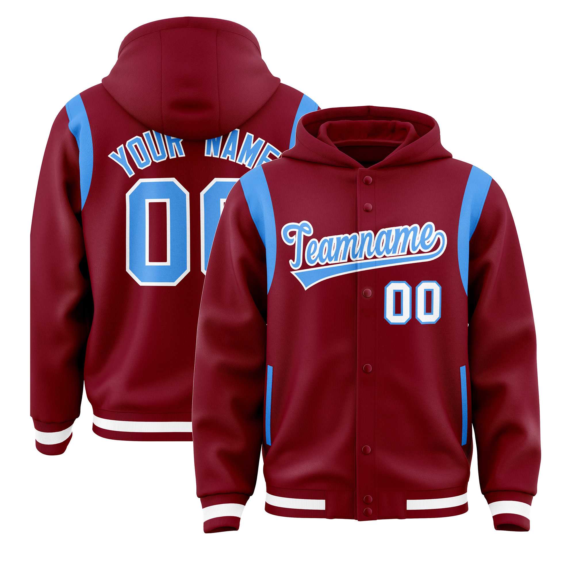 Custom Crimson Powder Blue Varsity Full-Snap Letterman Shoulder Color Block Jacket Hoodie| KXKSHOP