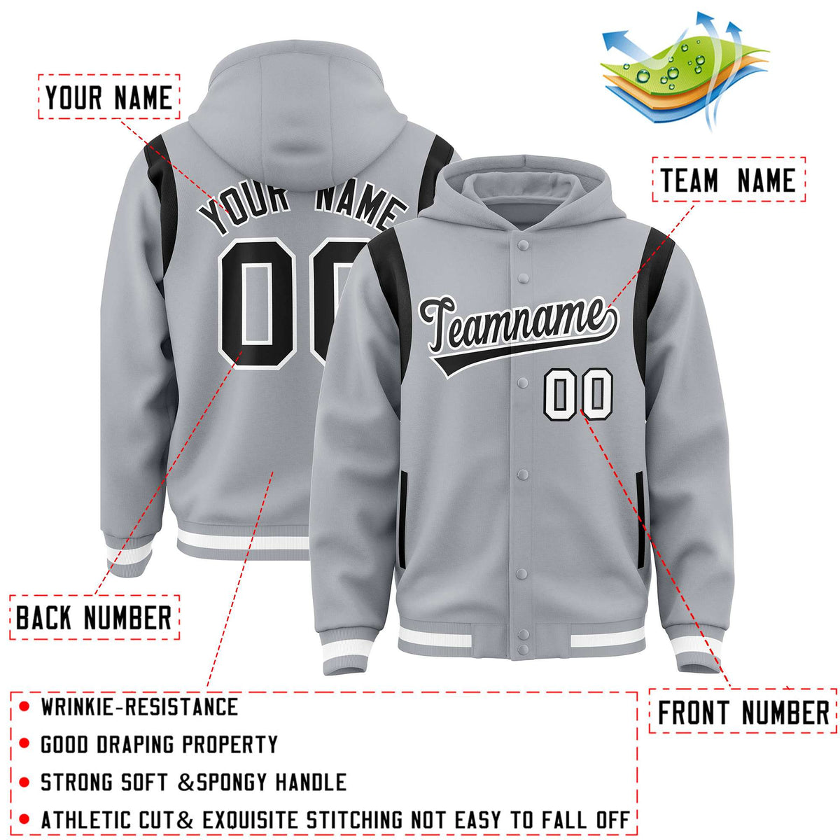 Custom Silver Black Varsity Full-Snap Letterman Shoulder Color Block Jacket Hoodie| KXKSHOP