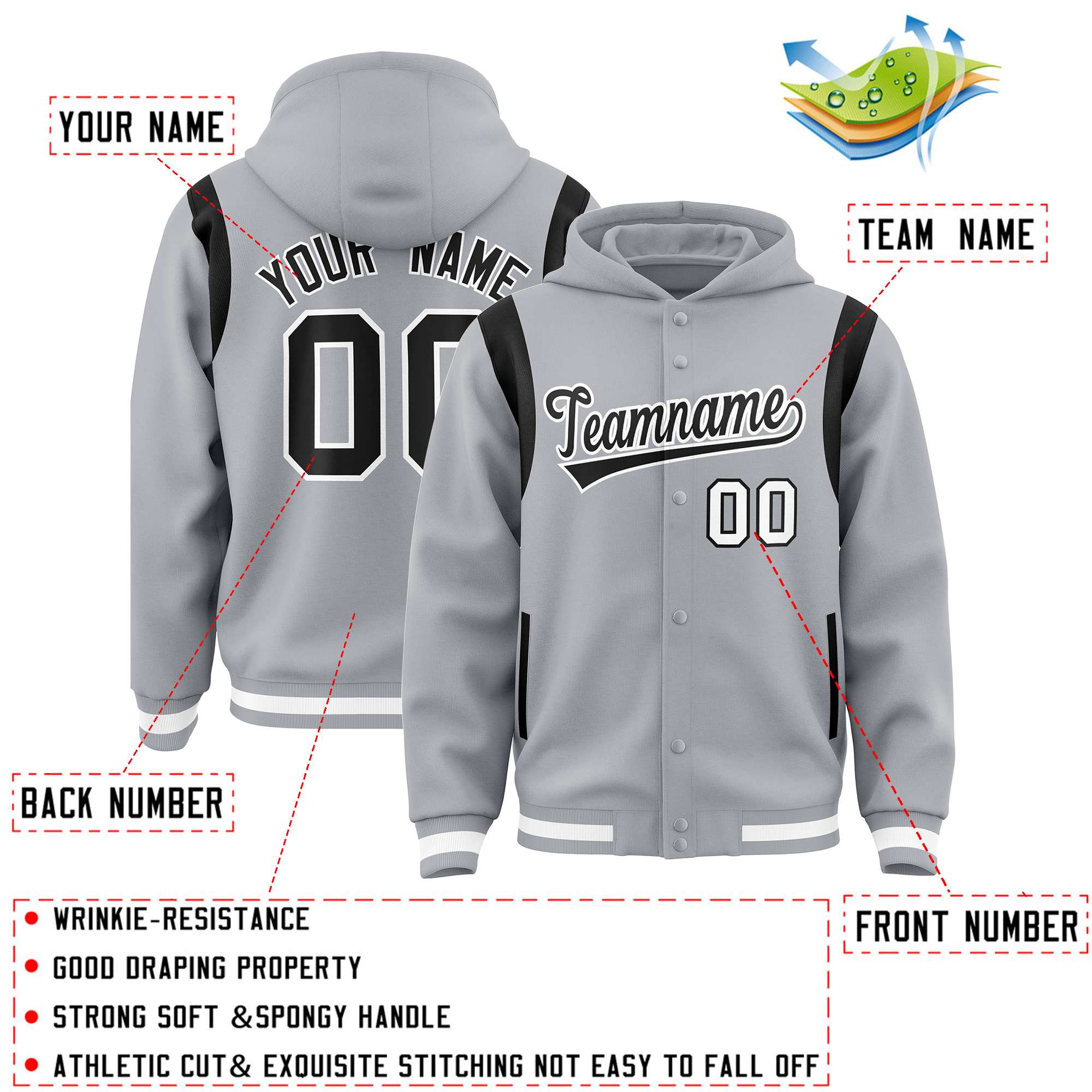 Custom Silver Black Varsity Full-Snap Letterman Shoulder Color Block Jacket Hoodie| KXKSHOP