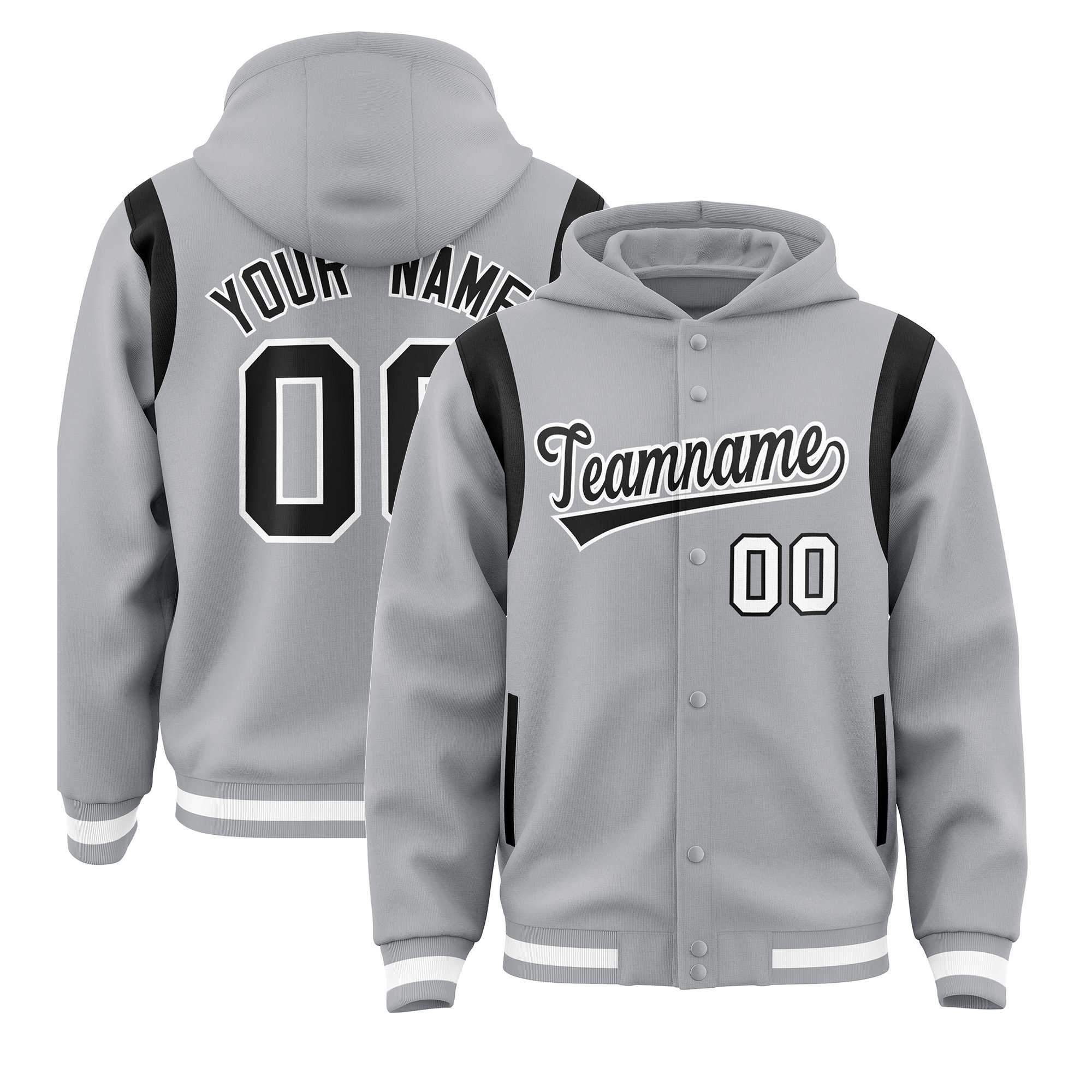 Custom Silver Black Varsity Full-Snap Letterman Shoulder Color Block Jacket Hoodie| KXKSHOP