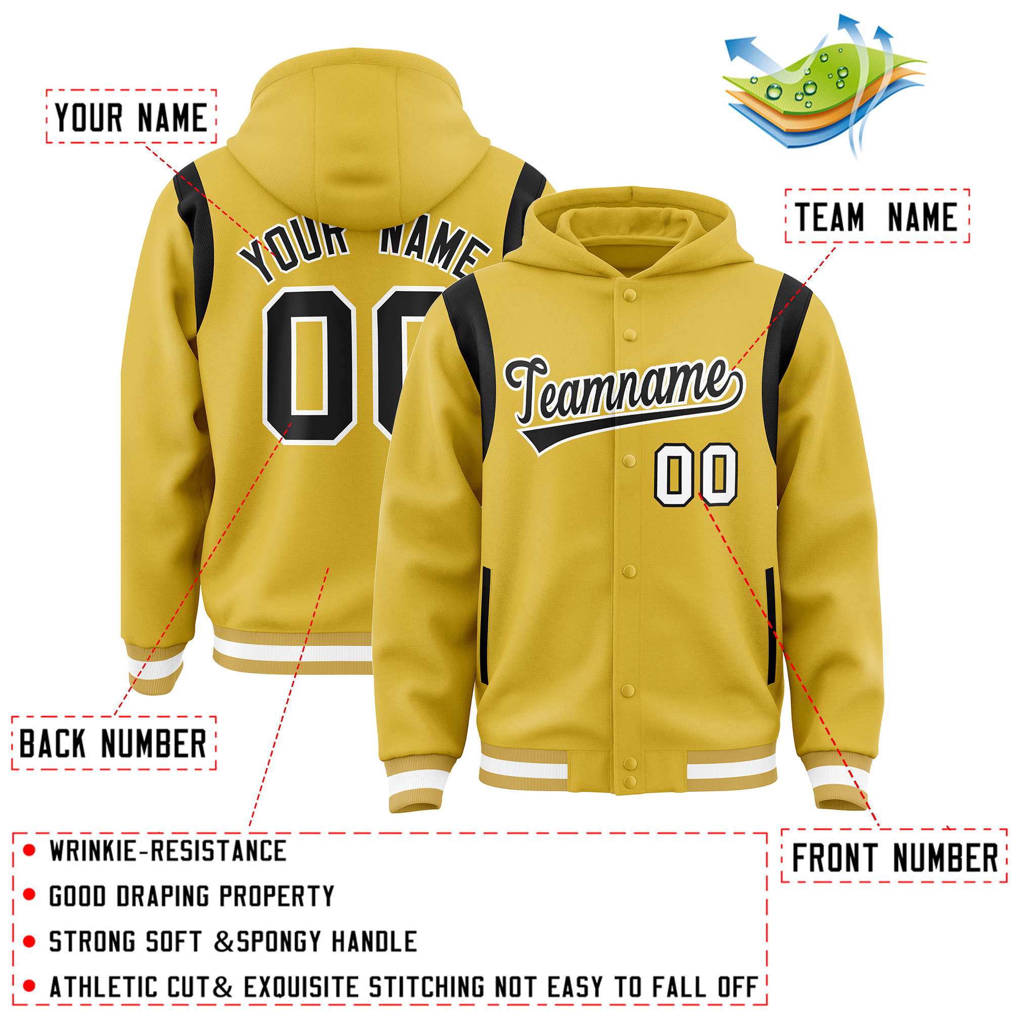 Custom Old Gold Black Varsity Full-Snap Letterman Shoulder Color Block Jacket Hoodie| KXKSHOP