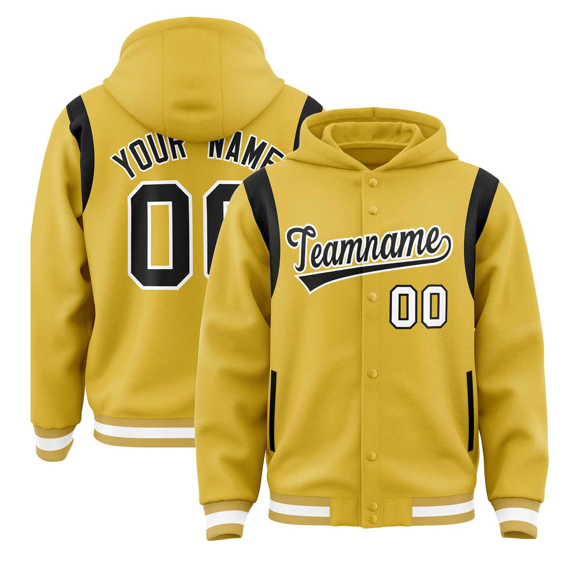 Custom Old Gold Black Varsity Full-Snap Letterman Shoulder Color Block Jacket Hoodie| KXKSHOP