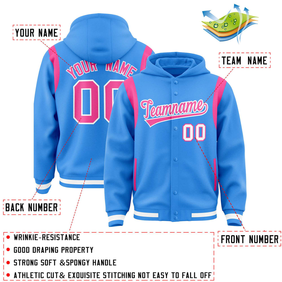 Custom Powder Blue Pink Varsity Full-Snap Letterman Shoulder Color Block Jacket Hoodie| KXKSHOP