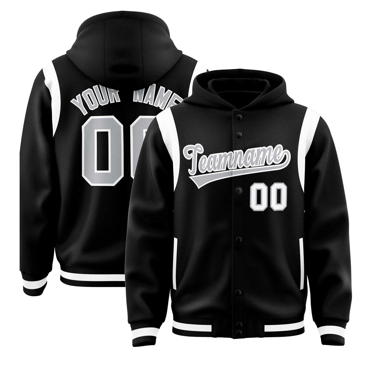 Custom Black Silver Varsity Full-Snap Letterman Shoulder Color Block Jacket Hoodie| KXKSHOP