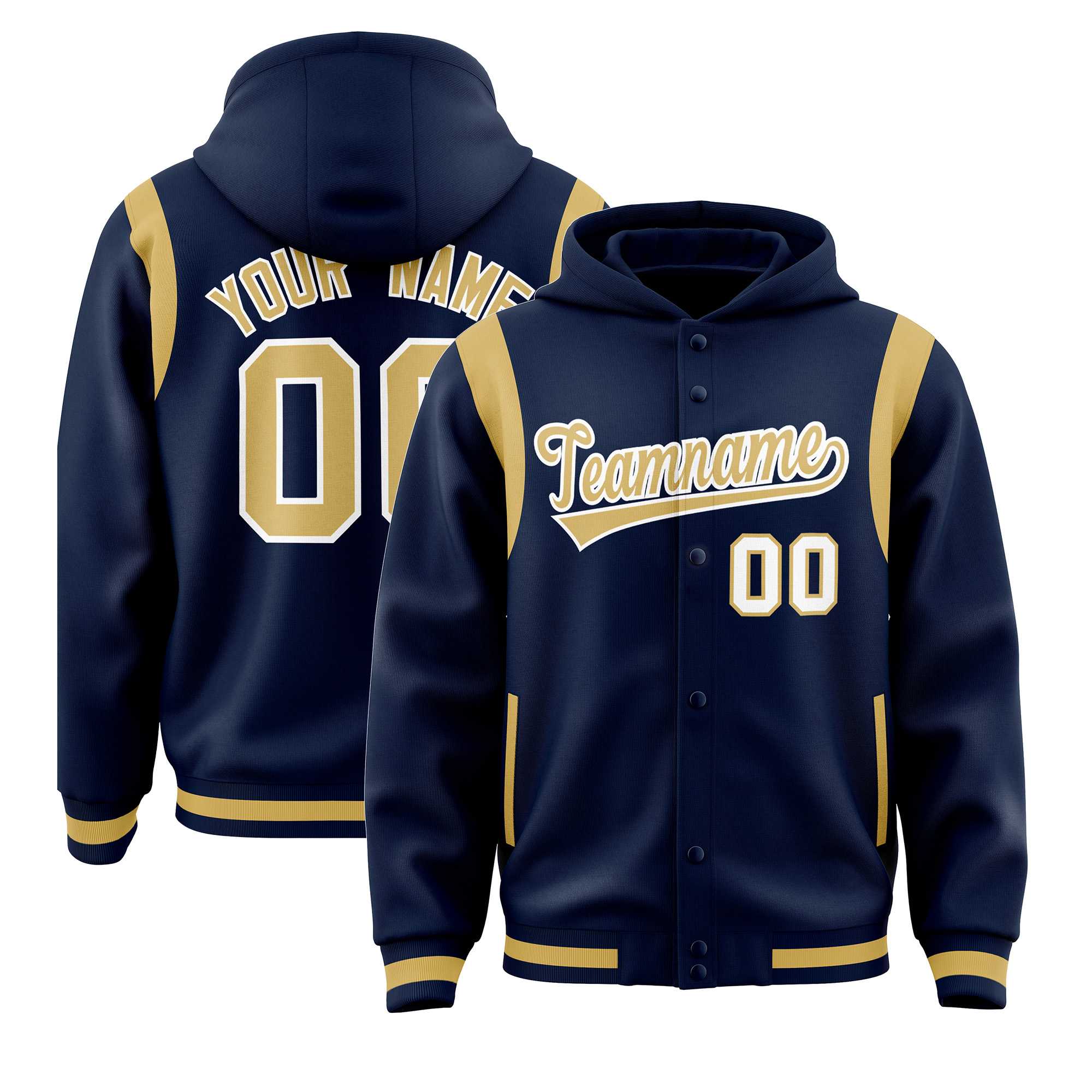 Custom Navy Old Gold Varsity Full-Snap Letterman Shoulder Color Block Jacket Hoodie| KXKSHOP