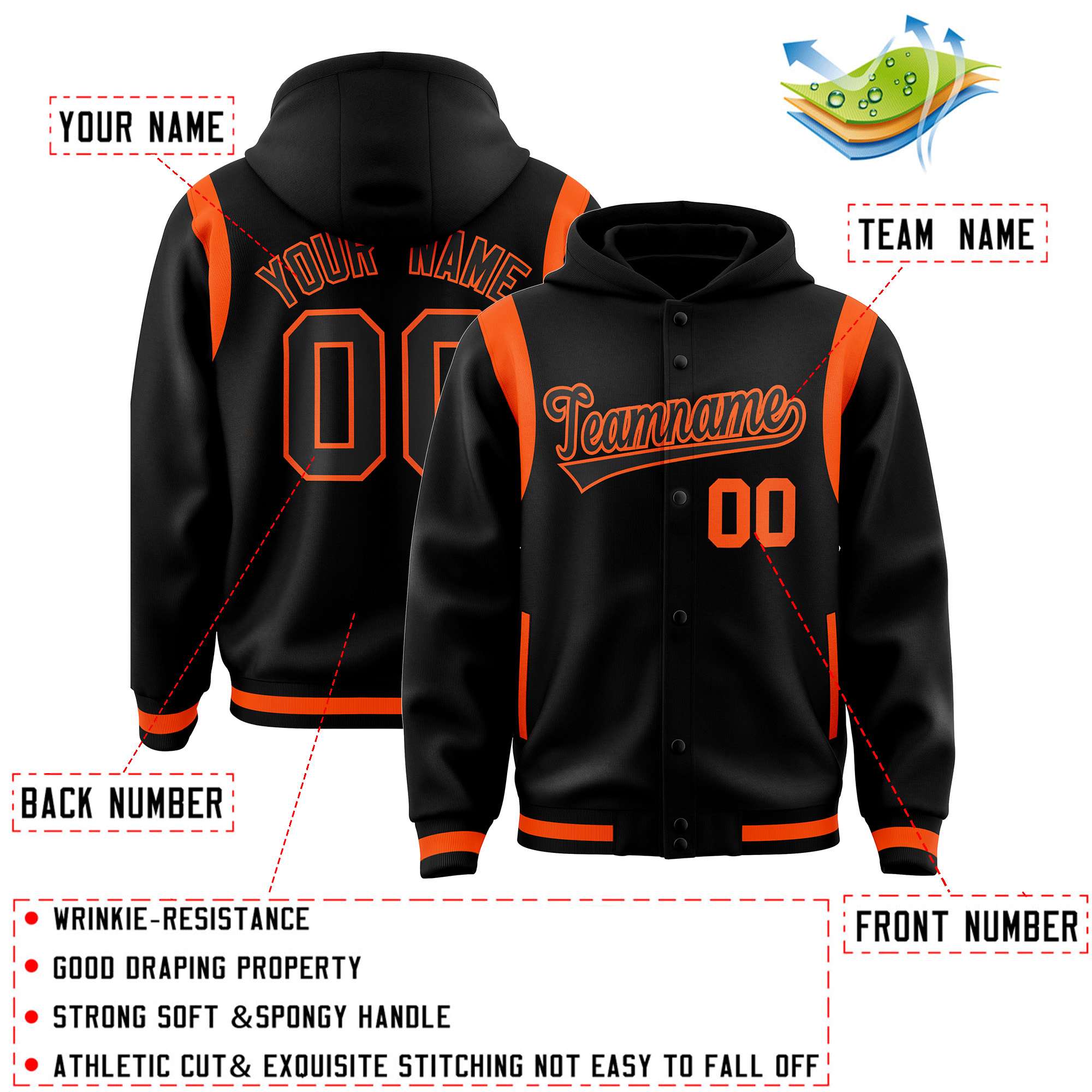 Custom Black Black Varsity Full-Snap Letterman Shoulder Color Block Jacket Hoodie| KXKSHOP