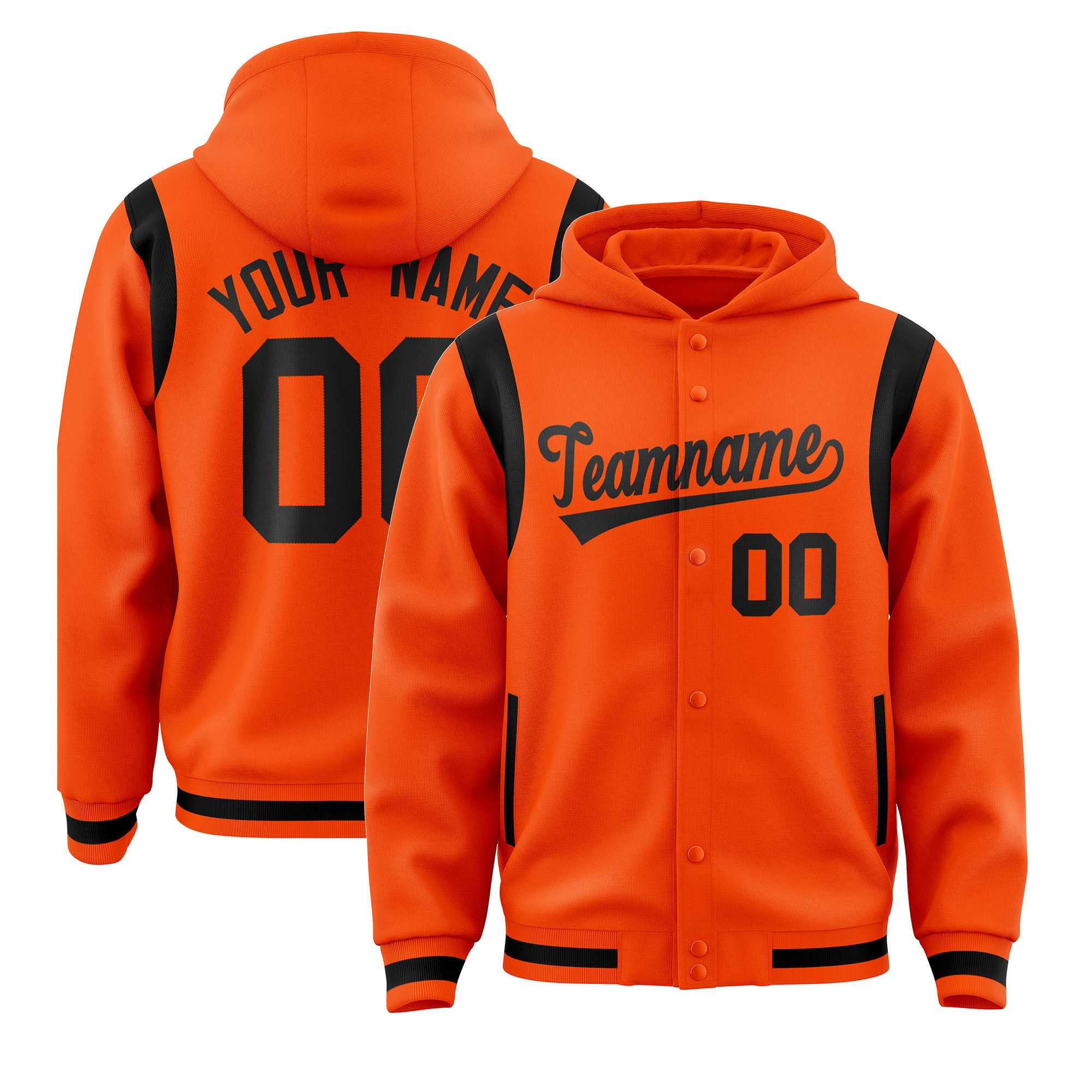 Custom Orange Black Varsity Full-Snap Letterman Shoulder Color Block Jacket Hoodie| KXKSHOP